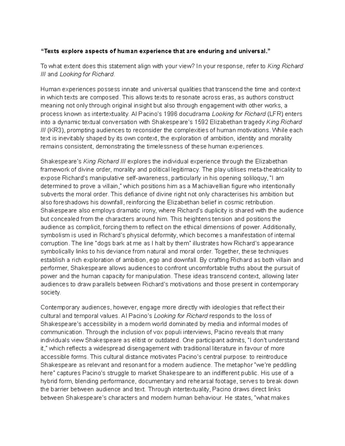 Mod A Essay: Exploring Timeless Human Experiences in KR3 & LFR - Studocu