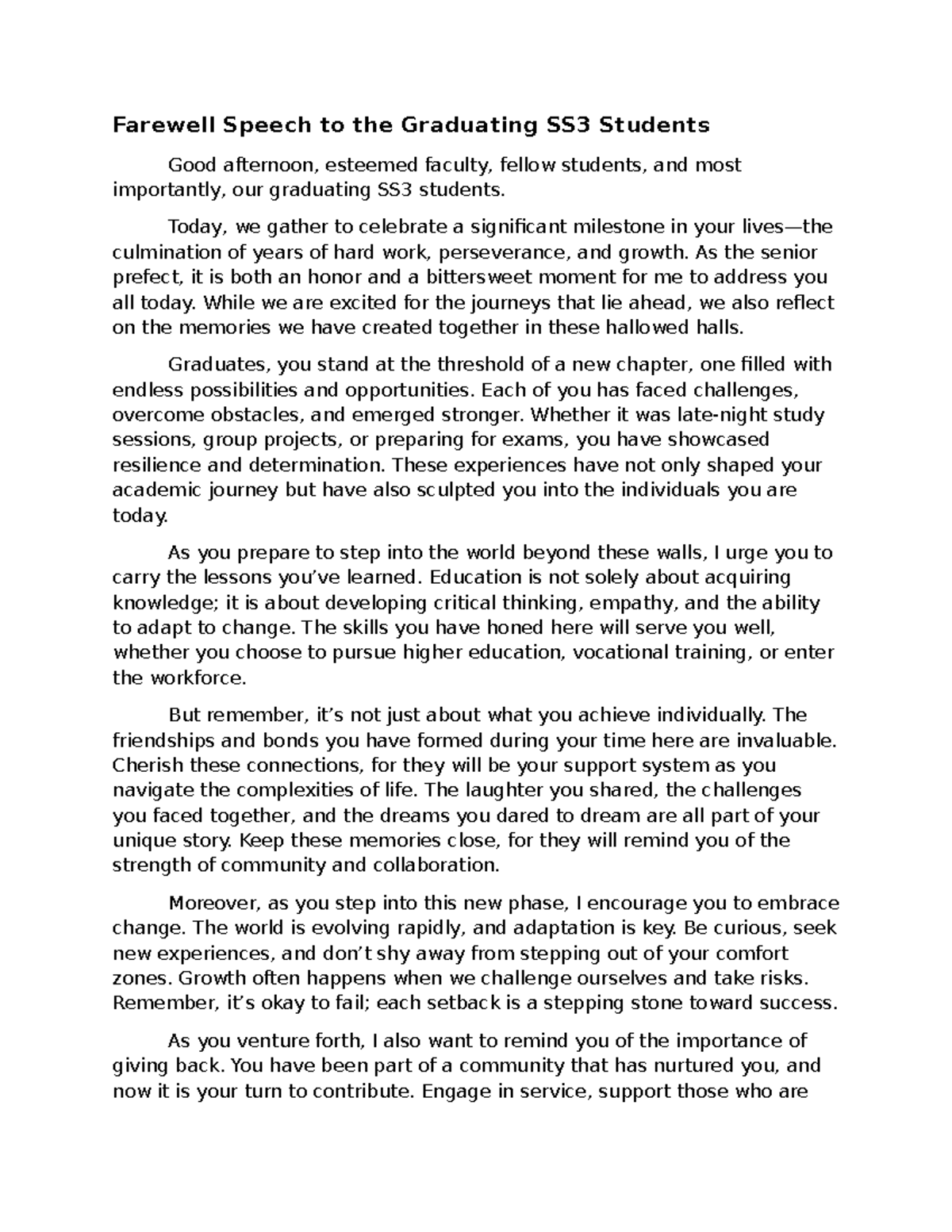 Farewell Speech for Graduating SS3 Students: A New Chapter Ahead - Studocu