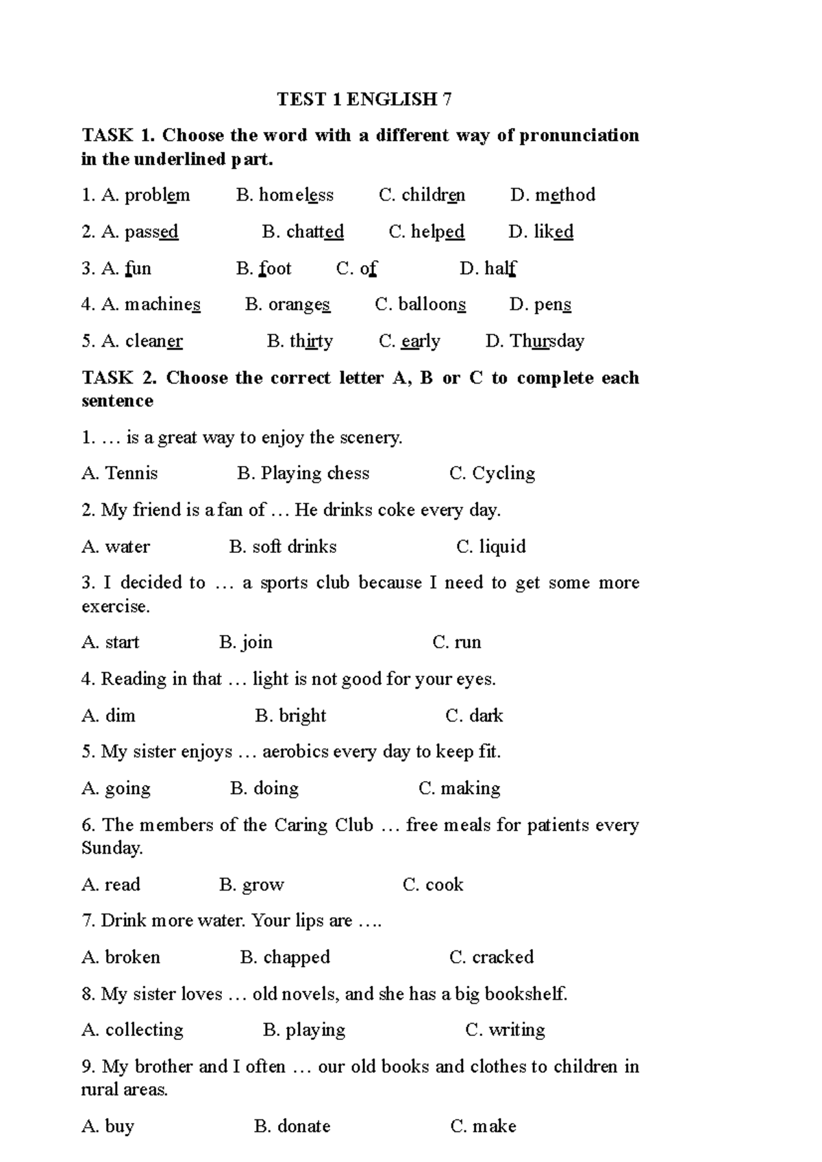 TEST 1 ENGLISH 7: Pronunciation & Grammar Tasks - Studocu