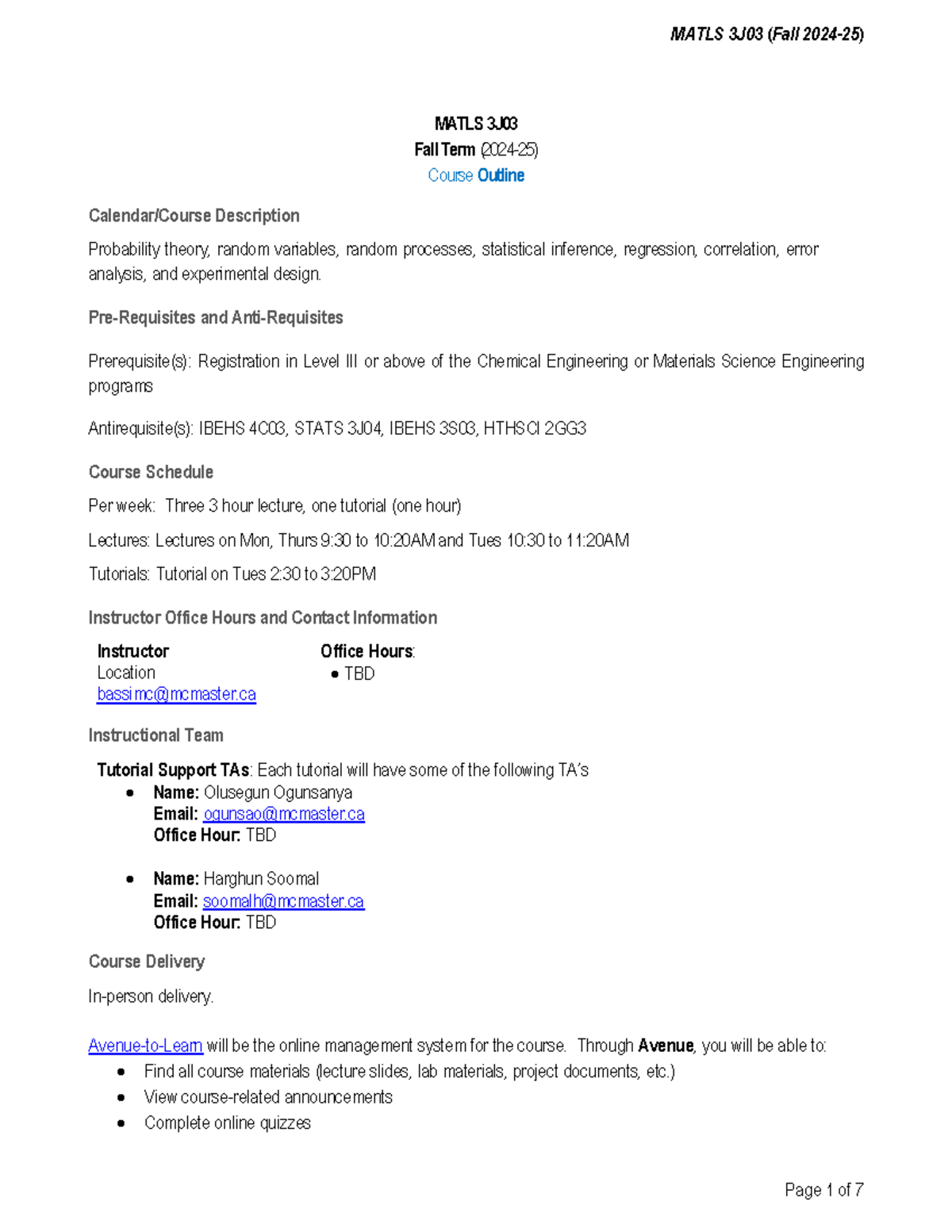 MATLS 3J03 Fall 2024 Course Outline: Probability & Statistics Overview ...