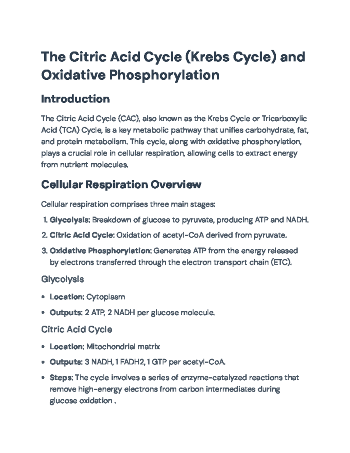 The Citric Acid Cycle and Oxidative Phosphorylation Overview (Bio 101 ...