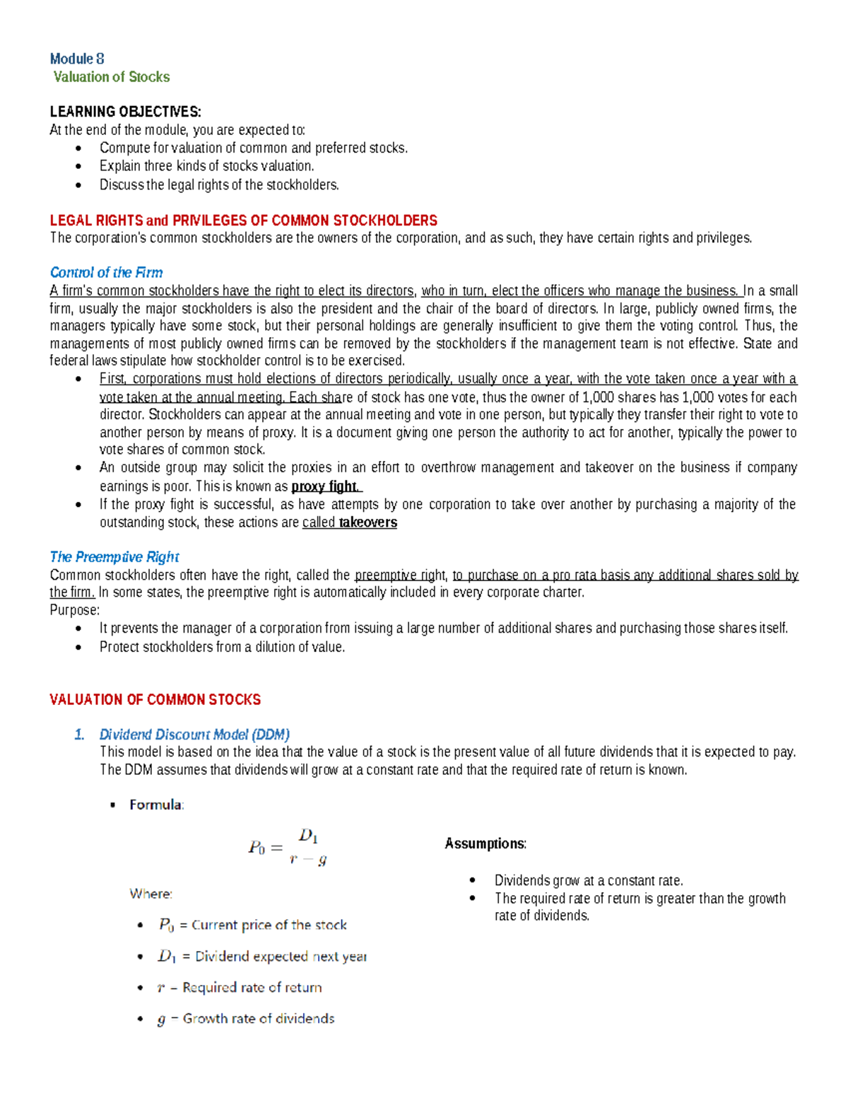 Module 8: Valuation of Stocks - Learning Objectives and Methods - Studocu