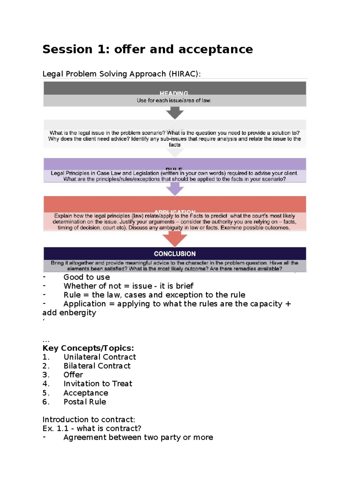 Session 1: Offer and Acceptance in Contract Law (HIRAC) Notes - Studocu