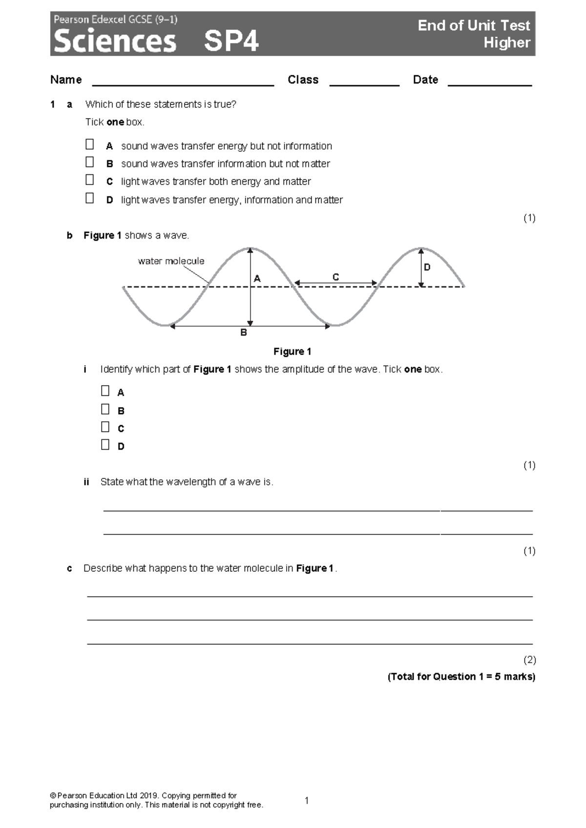 End of Unit Test: Physics SP4 Higher - Wave Properties and Sound - Studocu