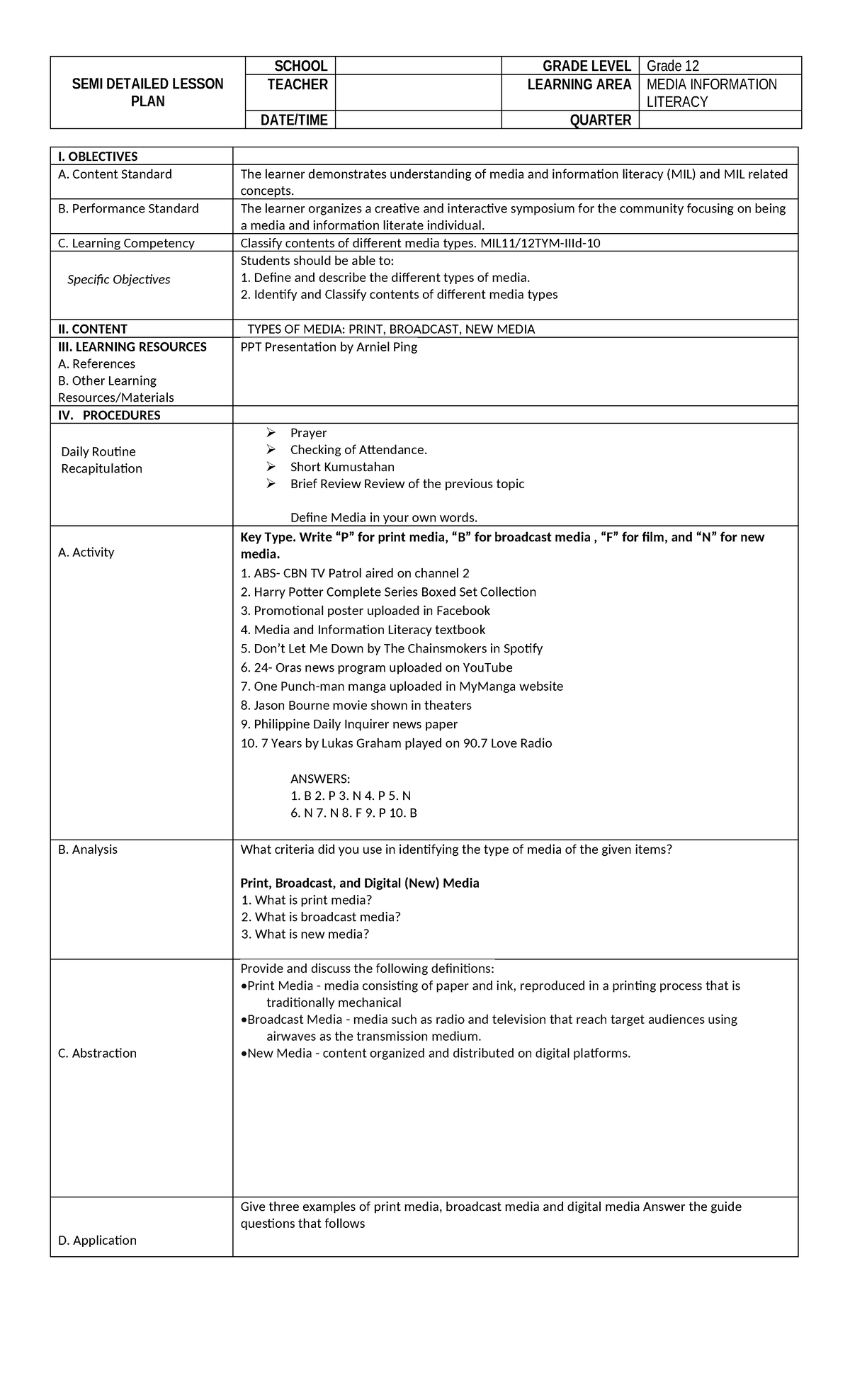 Grade 12 MIL Lesson Plan: Understanding Types of Media - Studocu