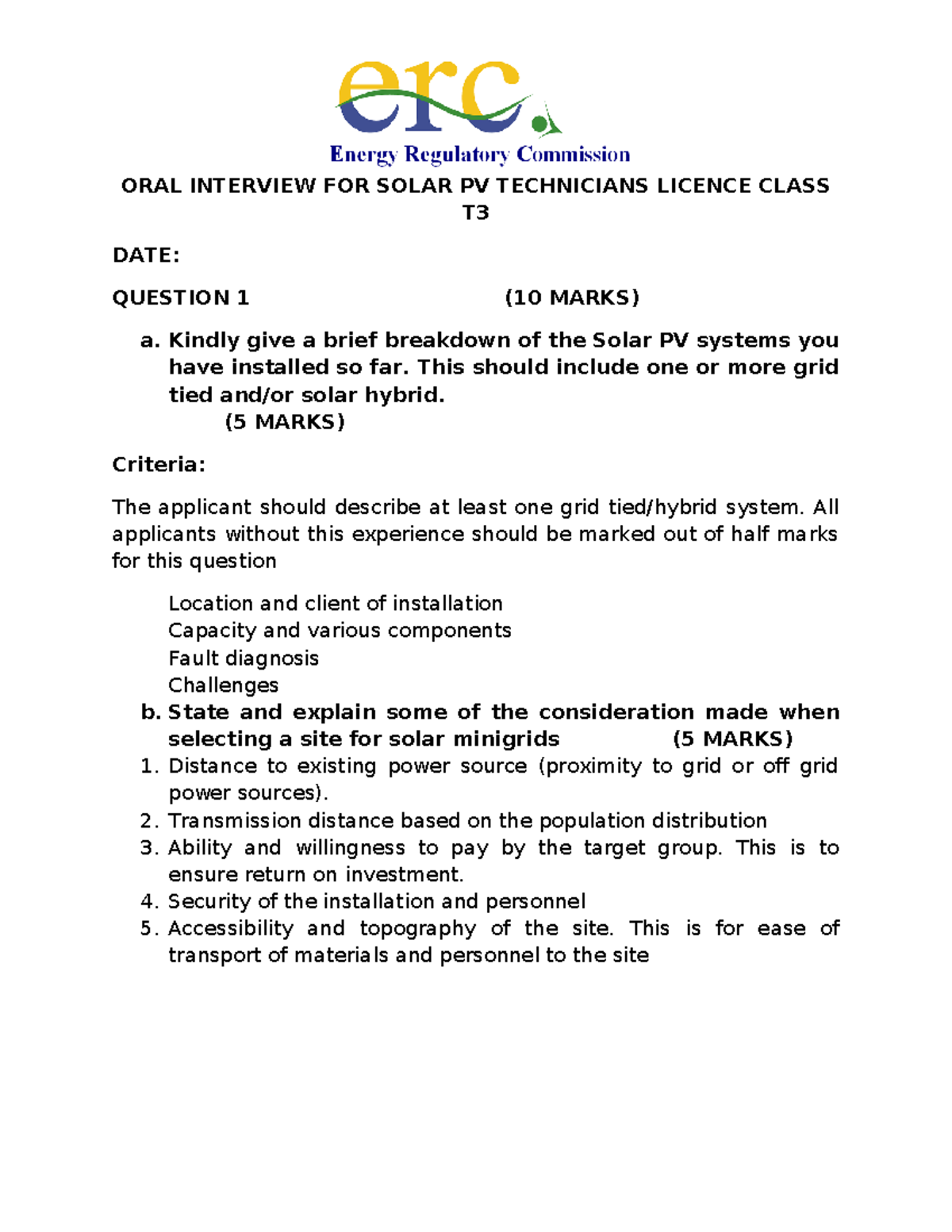 ORAL Interview Guide for Solar PV Technicians Licence T3 - 2015 - Studocu