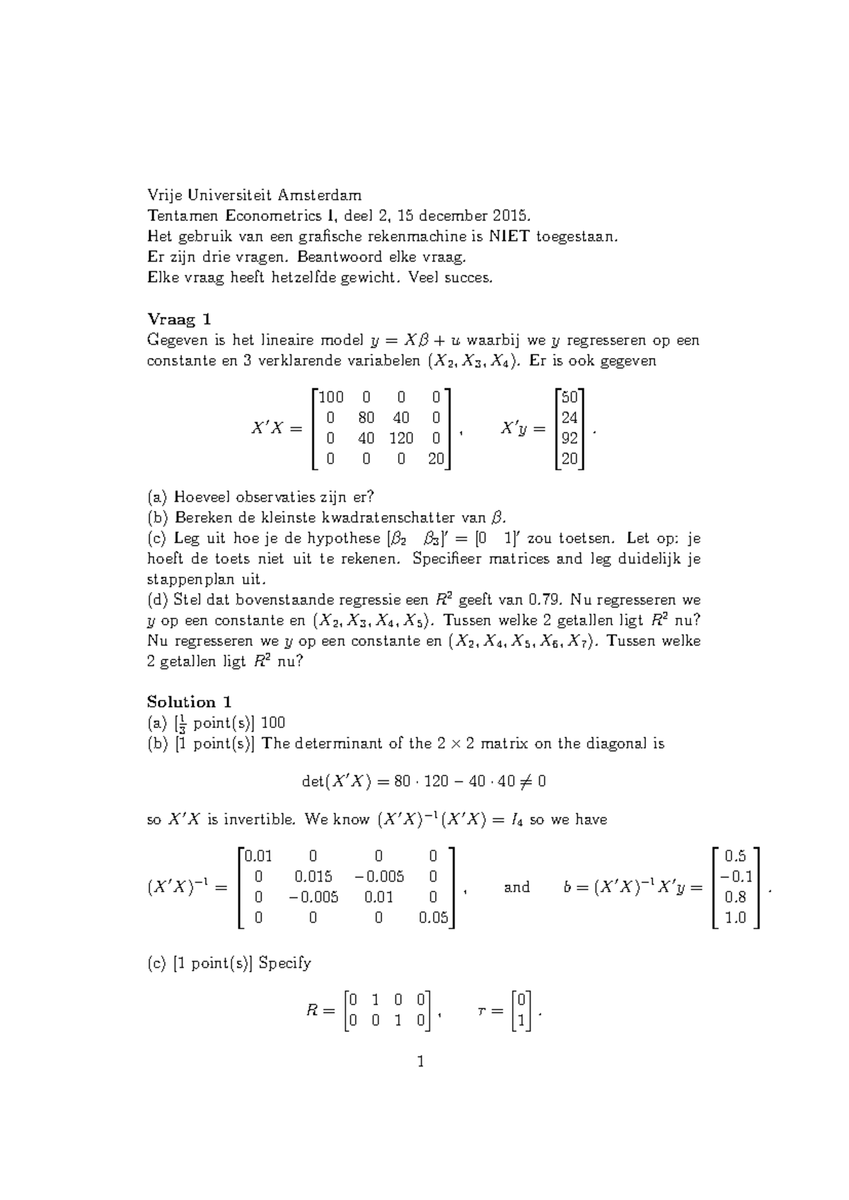 Econometrics I (2015) Final Exam Solutions and Explanations - Studeersnel