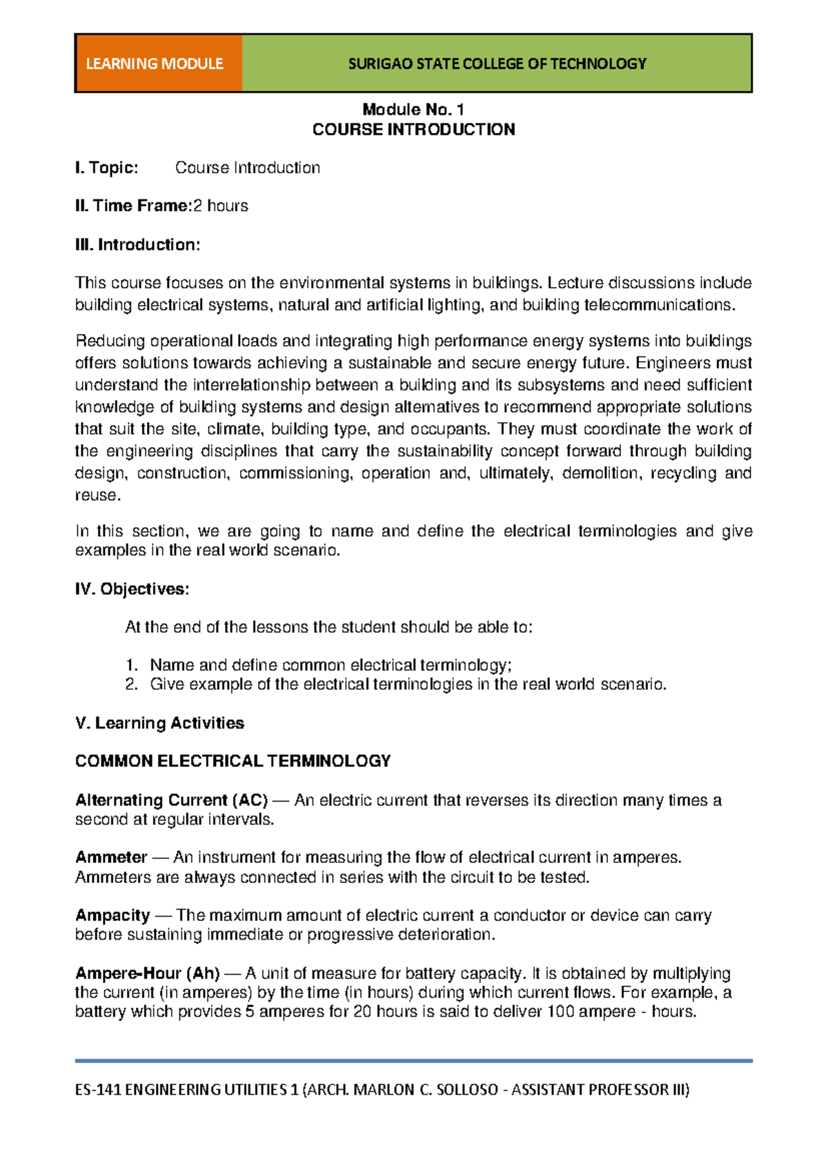 Engineering Utilities 1: Module 1 - Course Introduction and Electrical ...