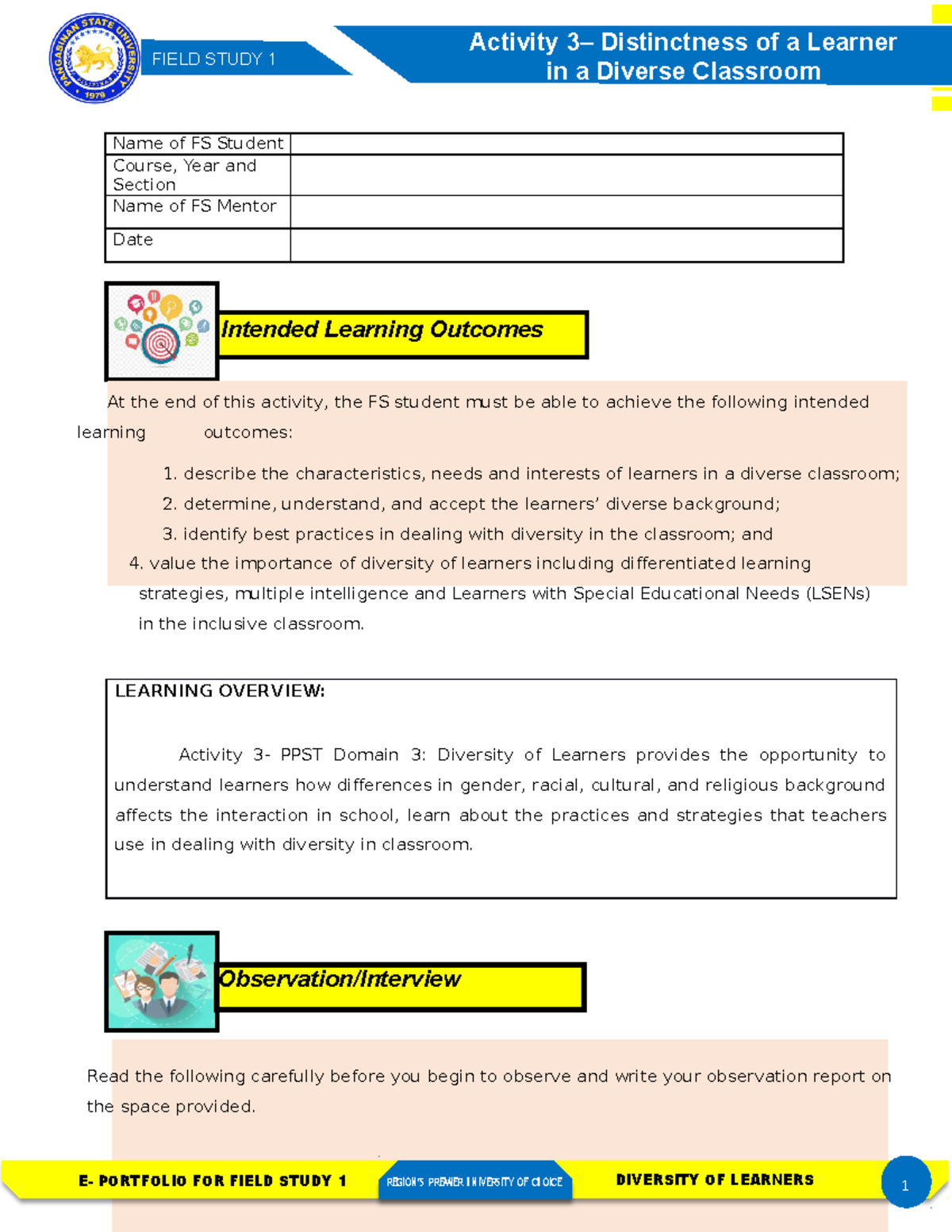 FS1-Activity-3 - Diversity of Learners Observation and Report - Studocu