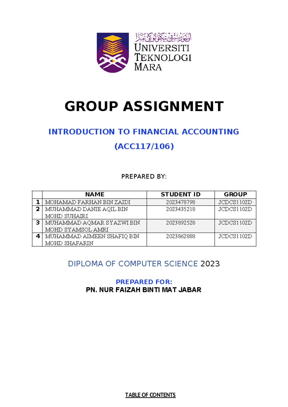 ACC 117 GP - ACCOUNT PROJECT FINAL YEAR - GROUP ASSIGNMENT INTRODUCTION ...