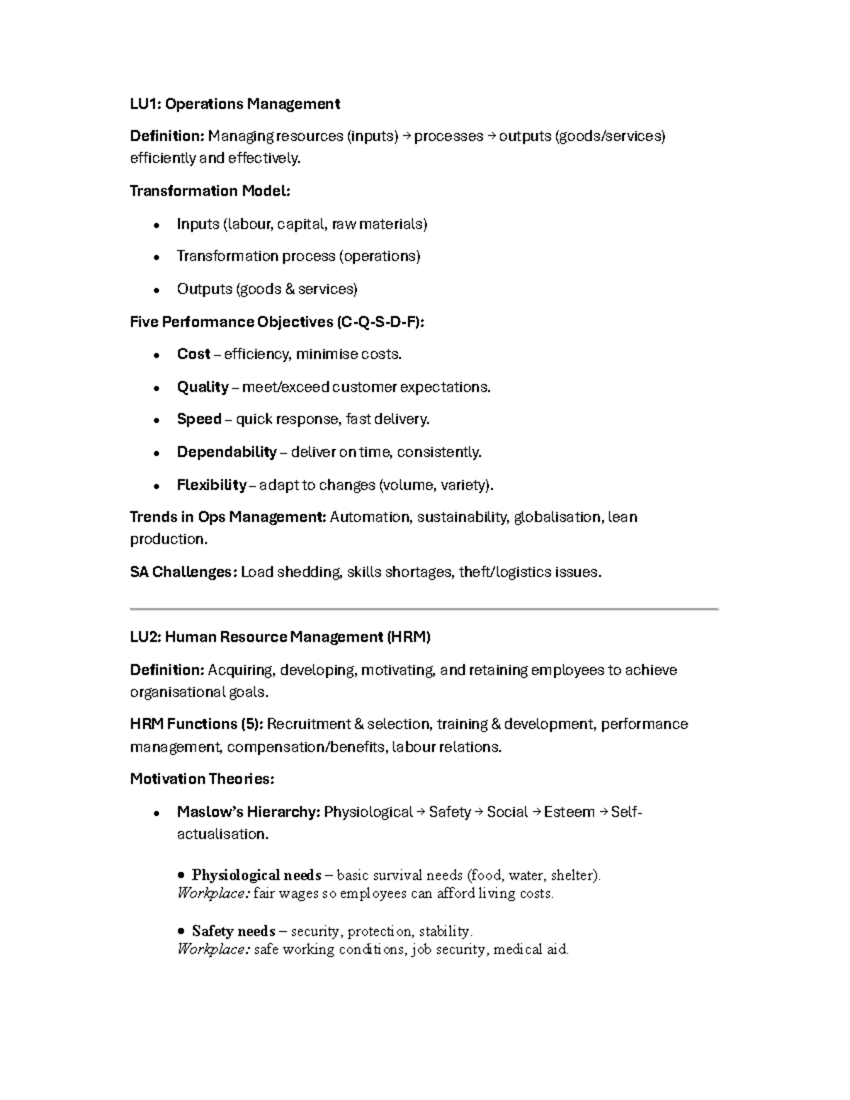 LU1-3: Operations, HR, and Marketing Management Notes - Studocu