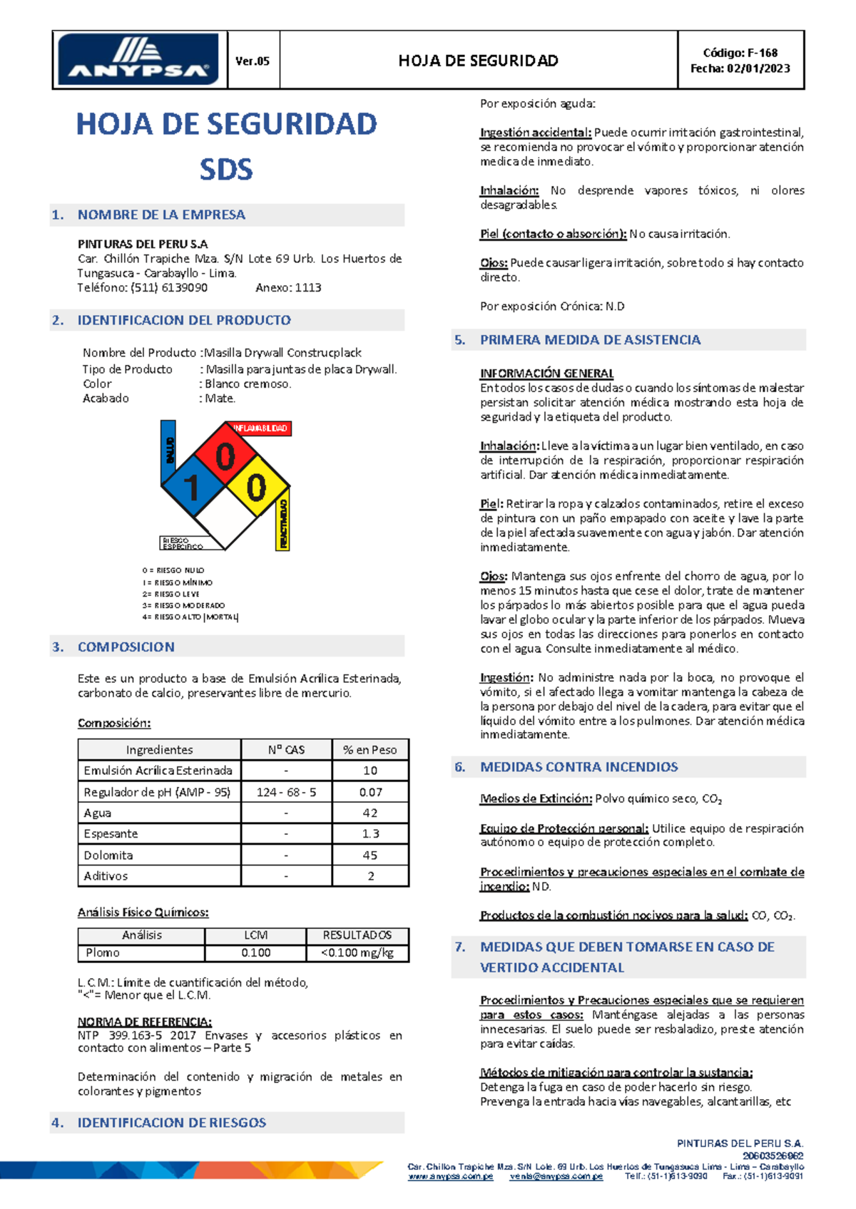 Hoja de Seguridad SDS: Masilla Drywall - Código F-168 - Document Preview