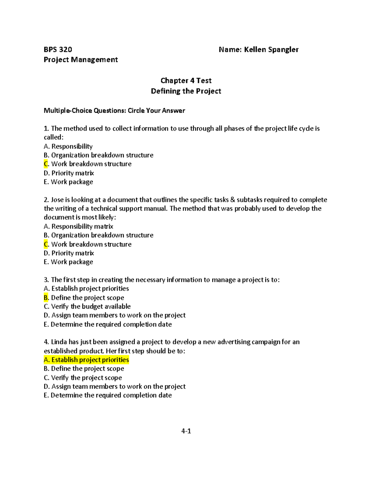 BPS 320 Chapter 4 Project Management Test Questions - Studocu