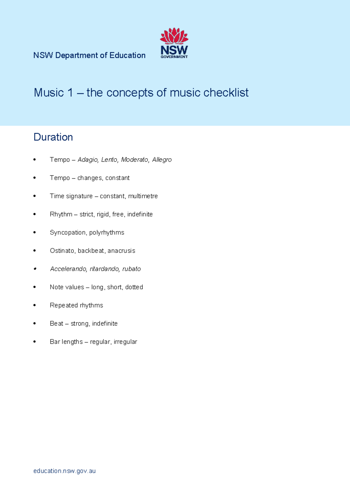 NSW Music 1 Concepts Checklist: Duration, Rhythm, Pitch, and Texture ...