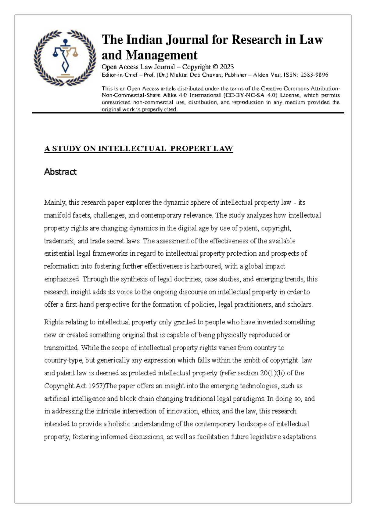 Research Paper: A Comprehensive Study on Intellectual Property Law ...