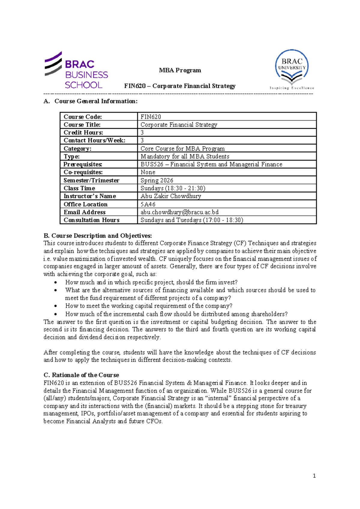 FIN620 Corporate Financial Strategy Course Outline - Spring 2026 - Studocu