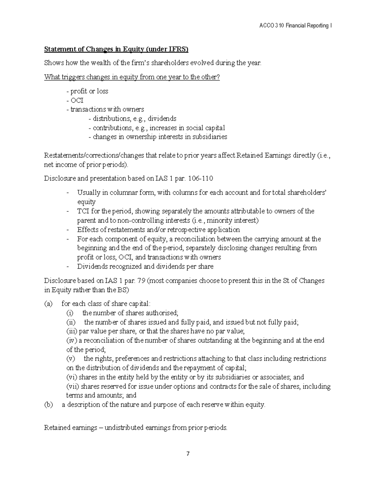 ACCO 310 - Financial Reporting I: Statement of Changes in Equity Notes ...