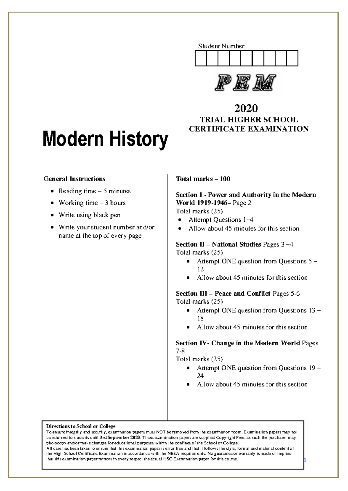 PEM 2020 Modern History Trial Exam Paper - Studocu