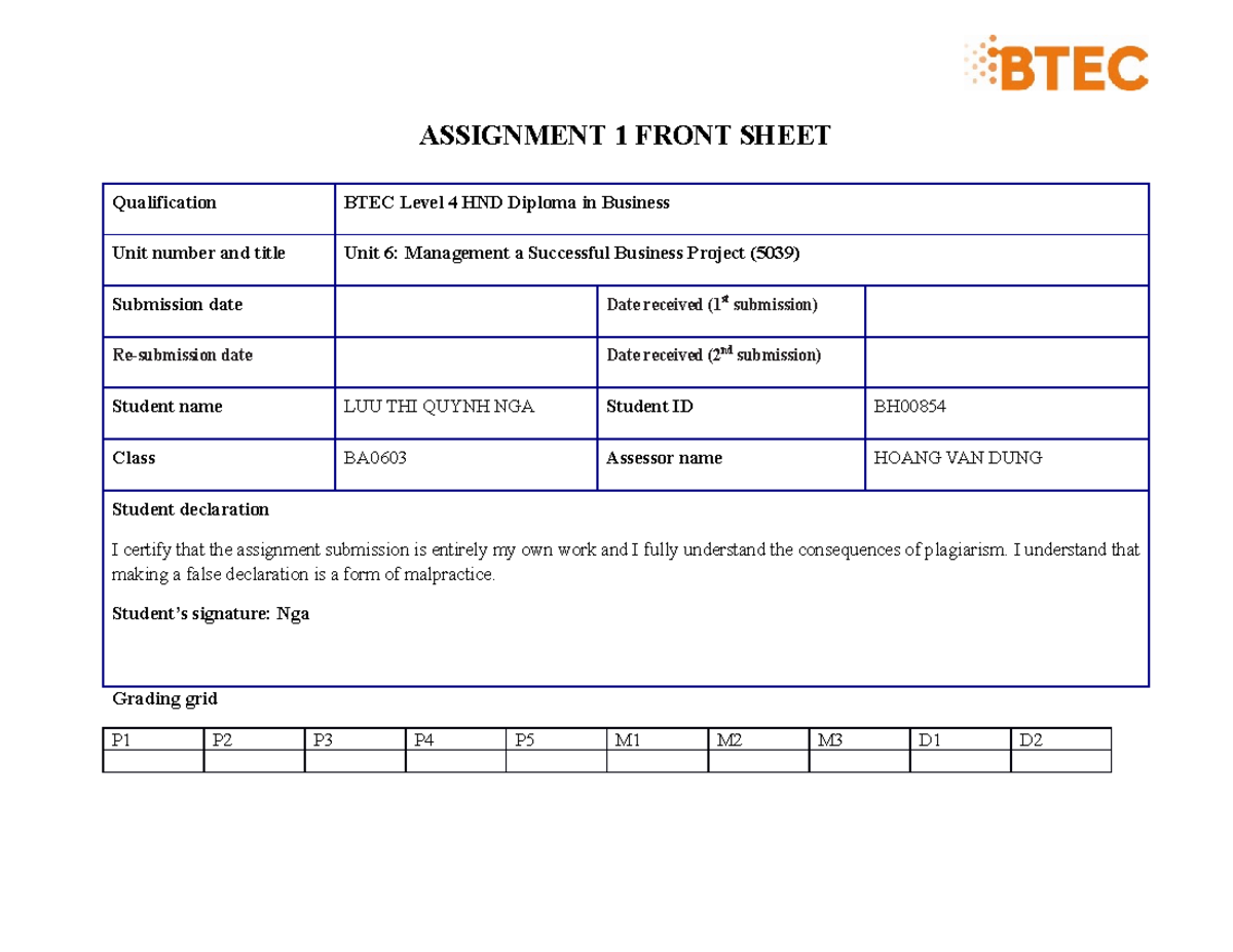 Quản-trị - fdsfsd - ASSIGNMENT 1 FRONT SHEET Qualification BTEC Level 4 ...