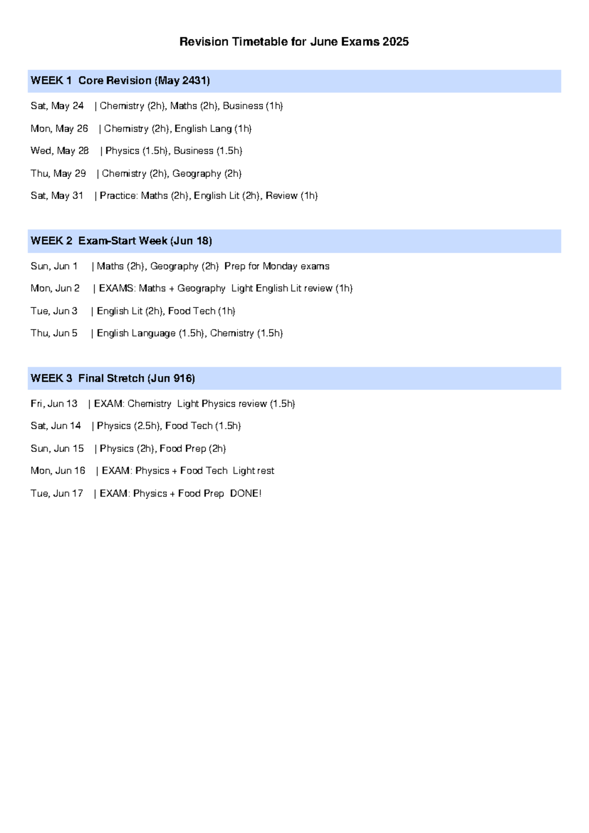 Final Revision Timetable for June Exams 2025 (No Physics) - Studocu