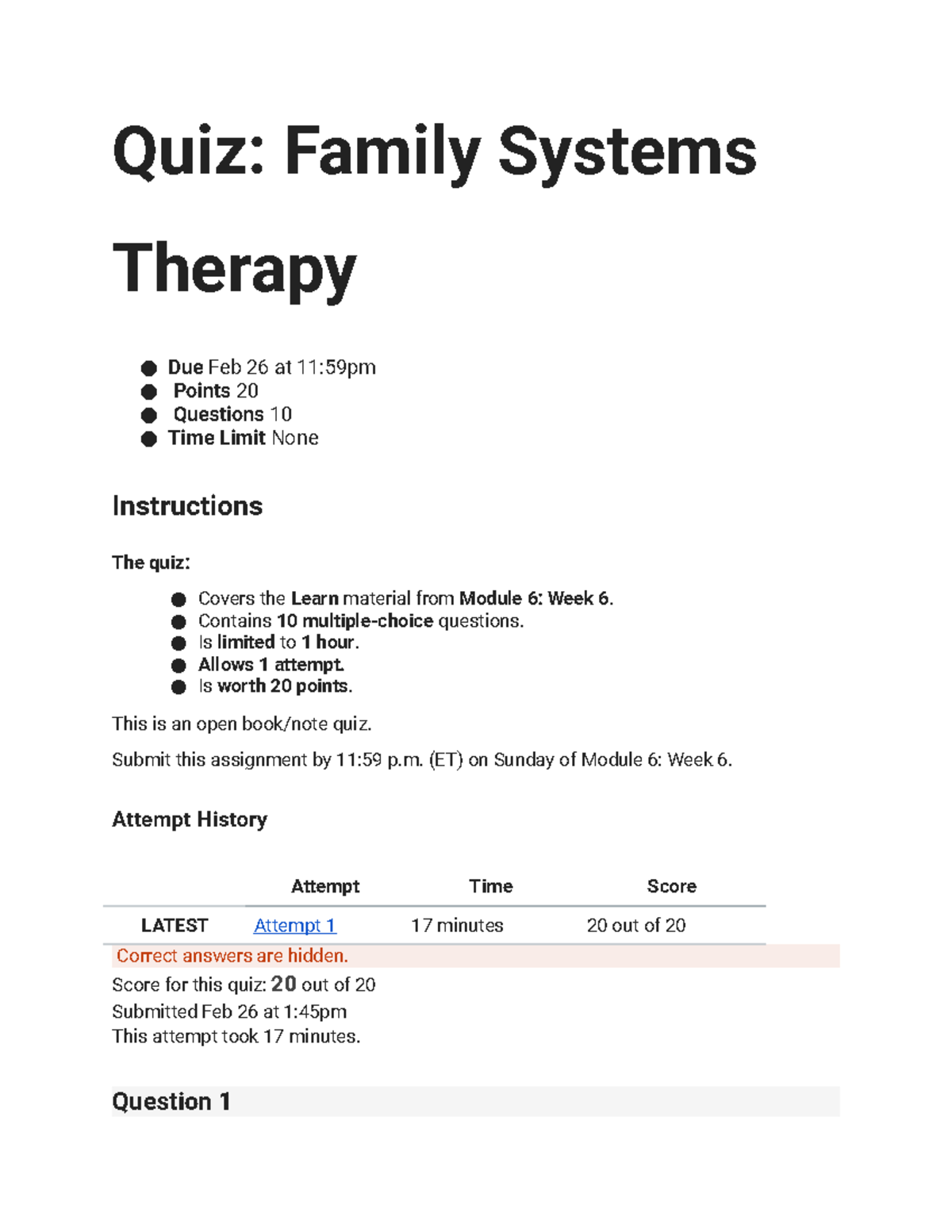 Quiz: Family Systems Therapy (Module 6) - 10 Questions, 20 Points - Studocu