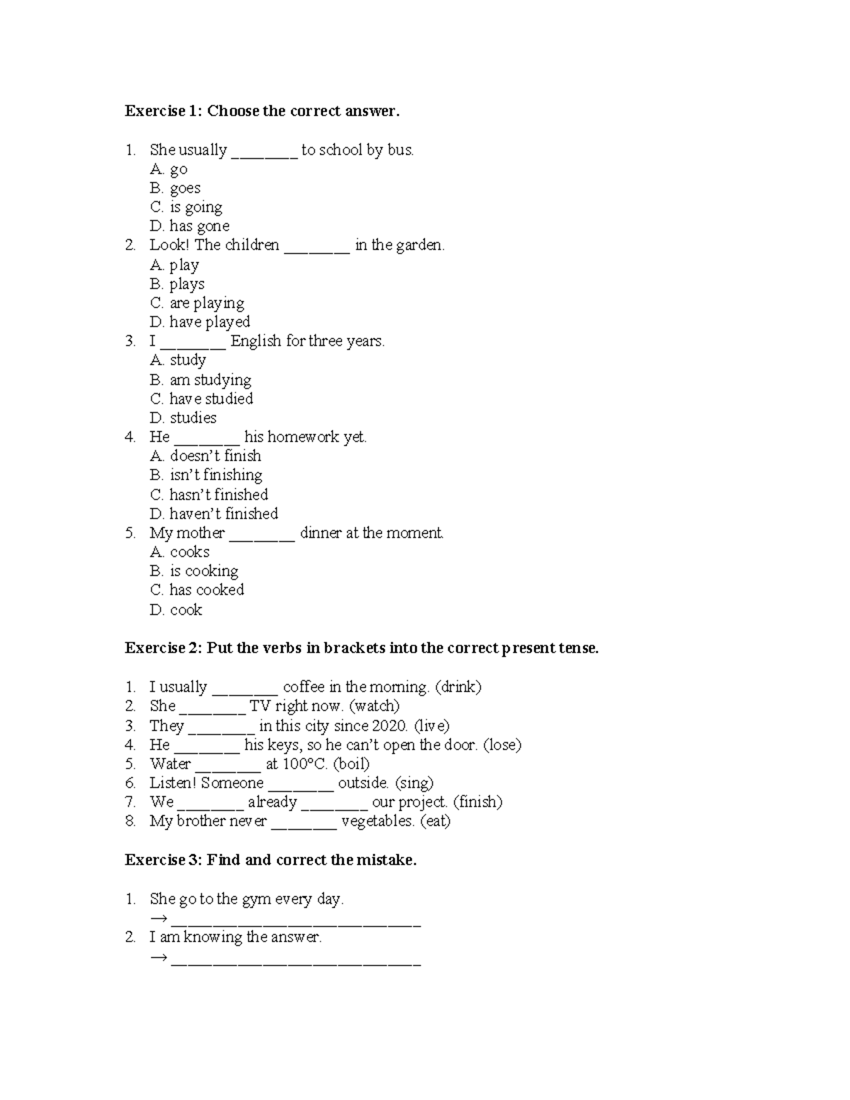 Present Tense Exercises: Practice for English Learners - Studocu