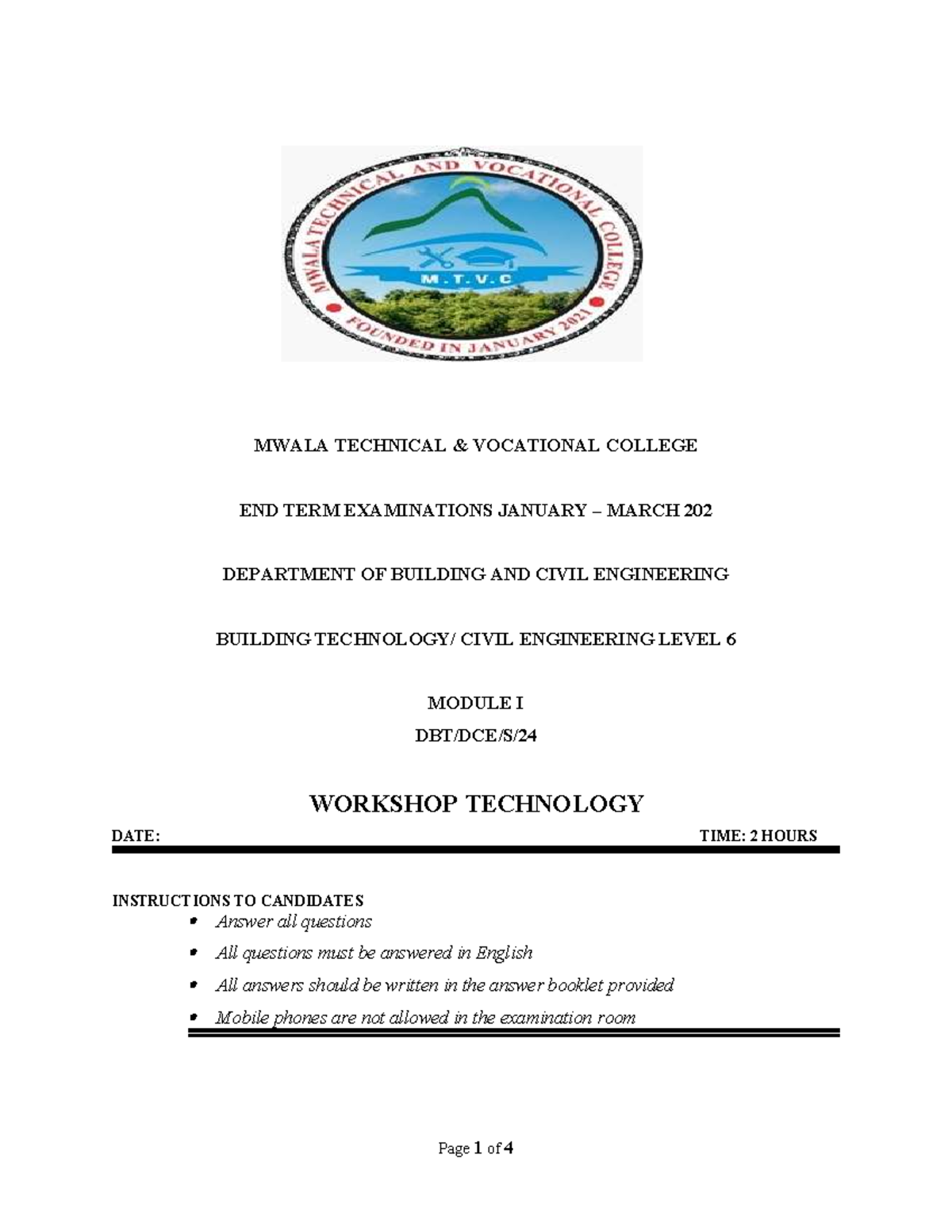 Workshop Technology - CBET Level 6 End Term Exam January-March 2023 ...