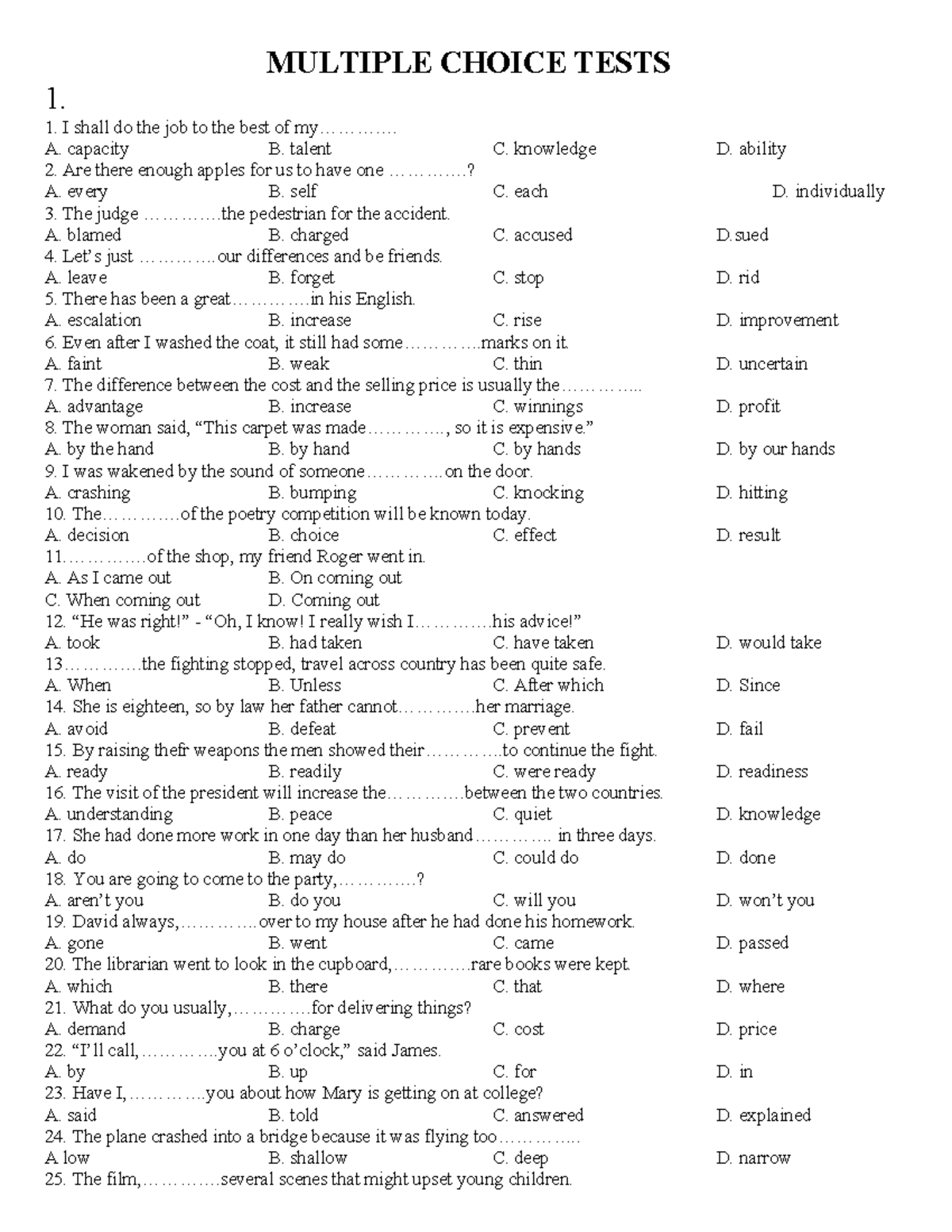 25 Multiple Choice Tests for English Proficiency Exam - Studocu