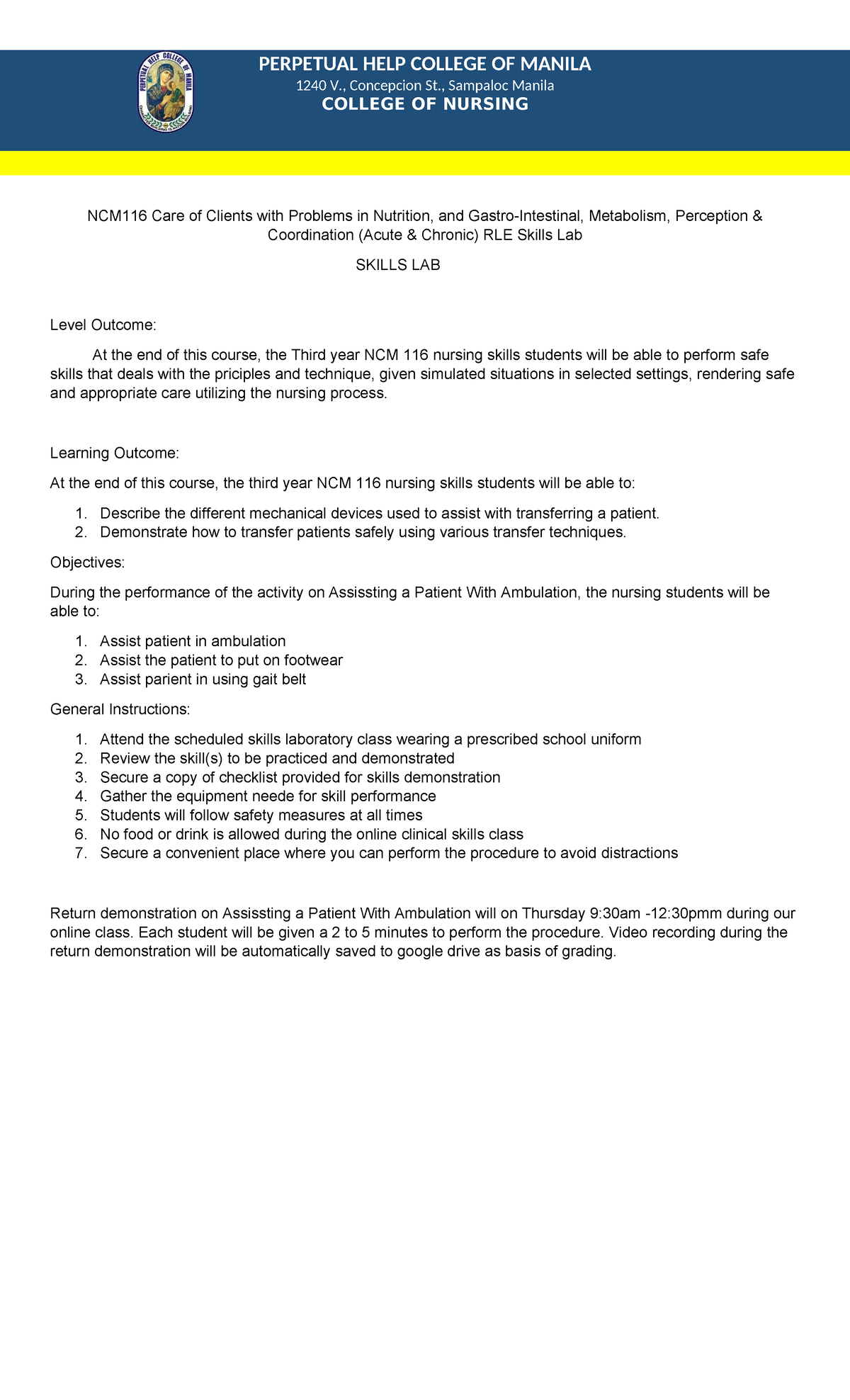 NCM116 Skills Lab: Assisting Patients with Ambulation Checklist - Studocu