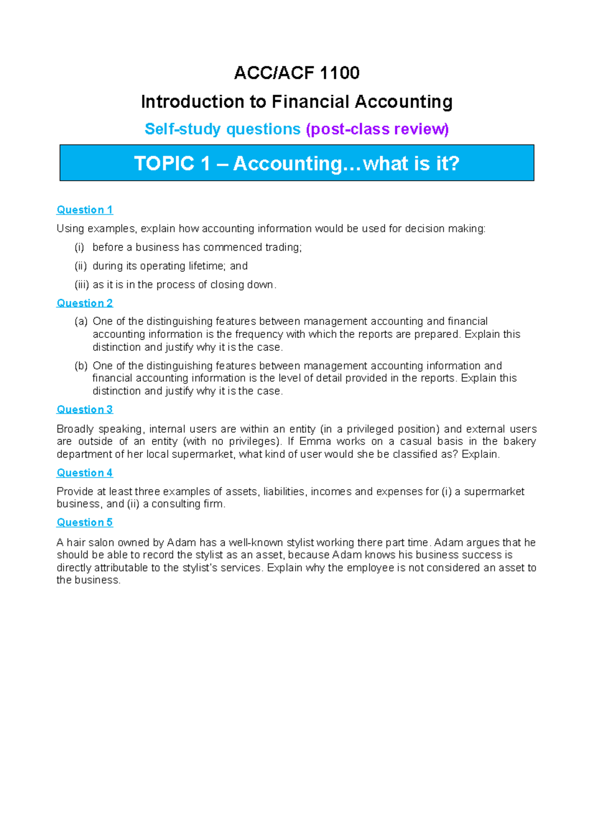 1100 Intro to Financial Accounting: Week 1 Review Questions - Studocu