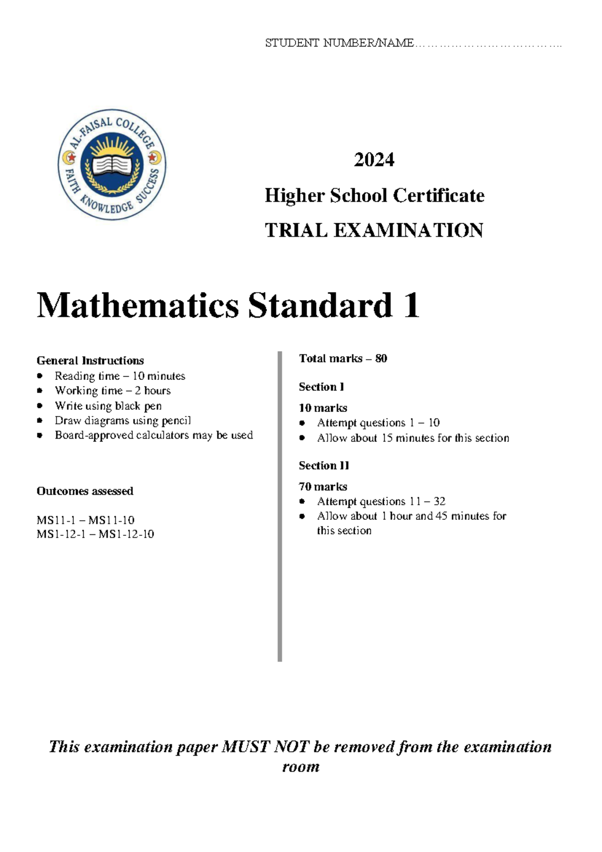 STUDENT 2024 HSC TRIAL EXAM Mathematics Standard 1 - Studocu