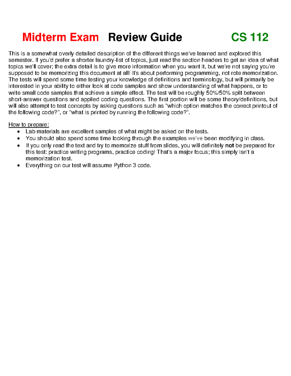 Midterm Exam Review Guide CS 112: Essential Python Concepts and ...