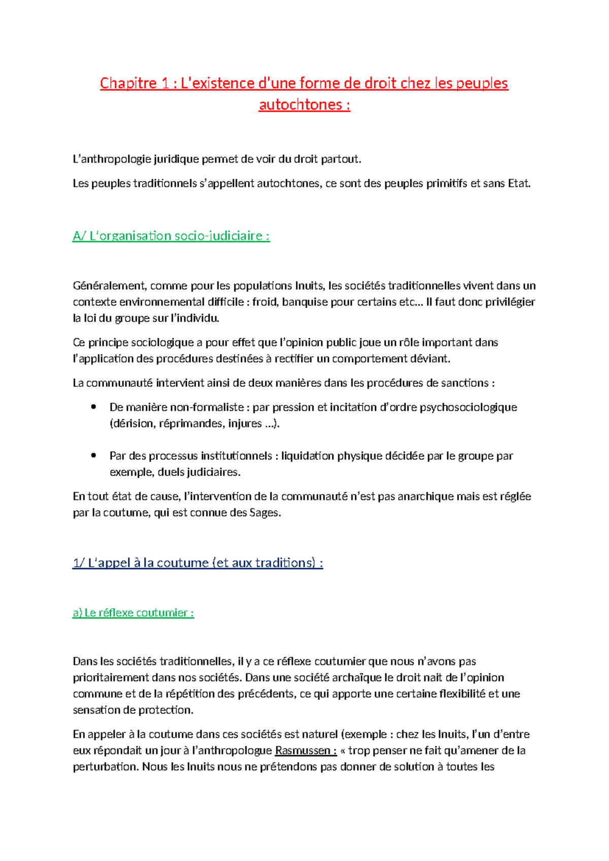 Chapitre 1 : Droit et Coutumes chez les Peuples Autochtones - Studocu