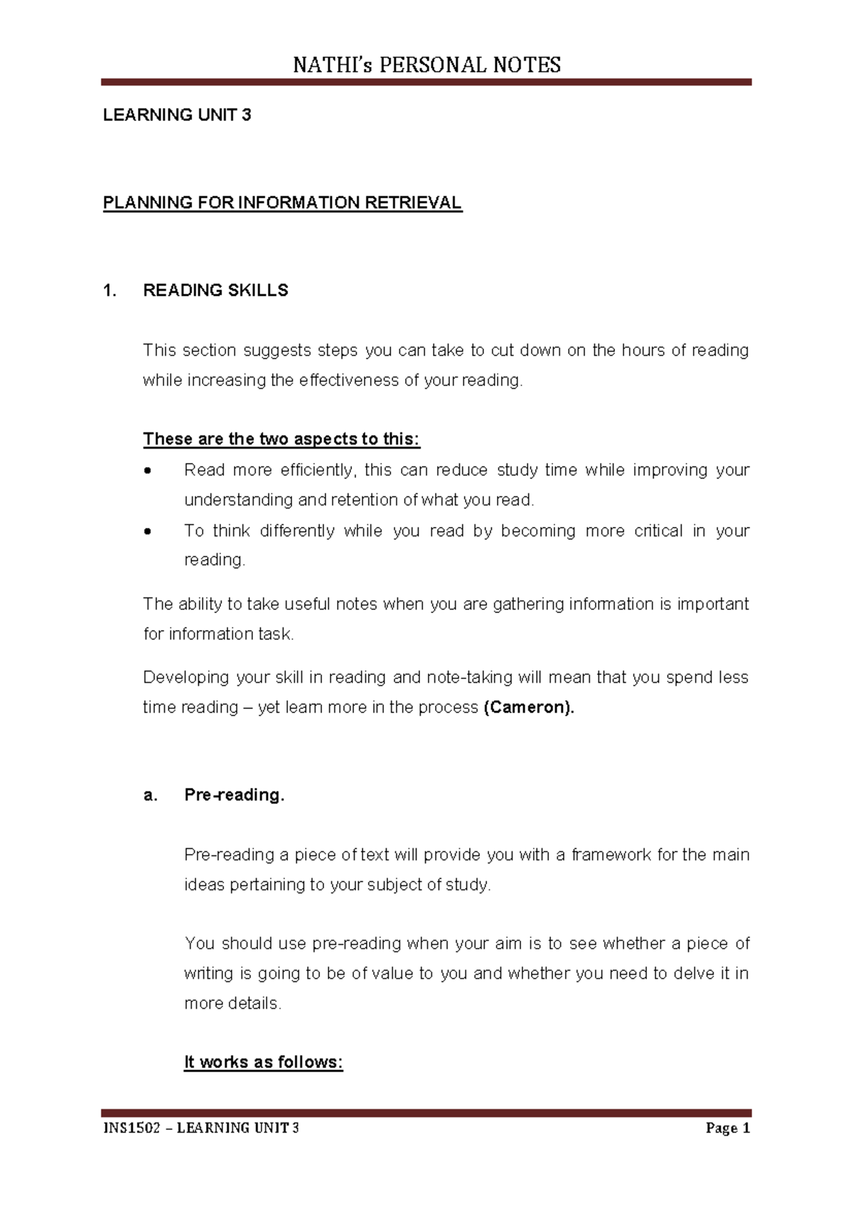 INS1502 - Learning Unit 3: Effective Reading & Note-Taking Strategies ...