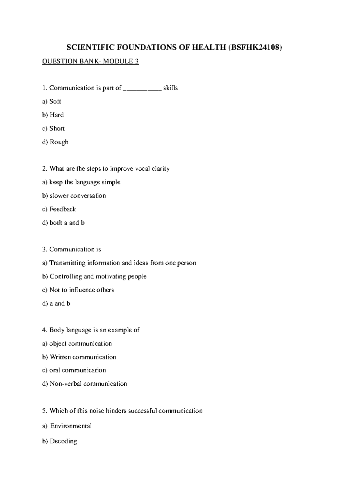 Scientific Foundations of Health (BSFHK24108) Question Bank - Module 3 ...