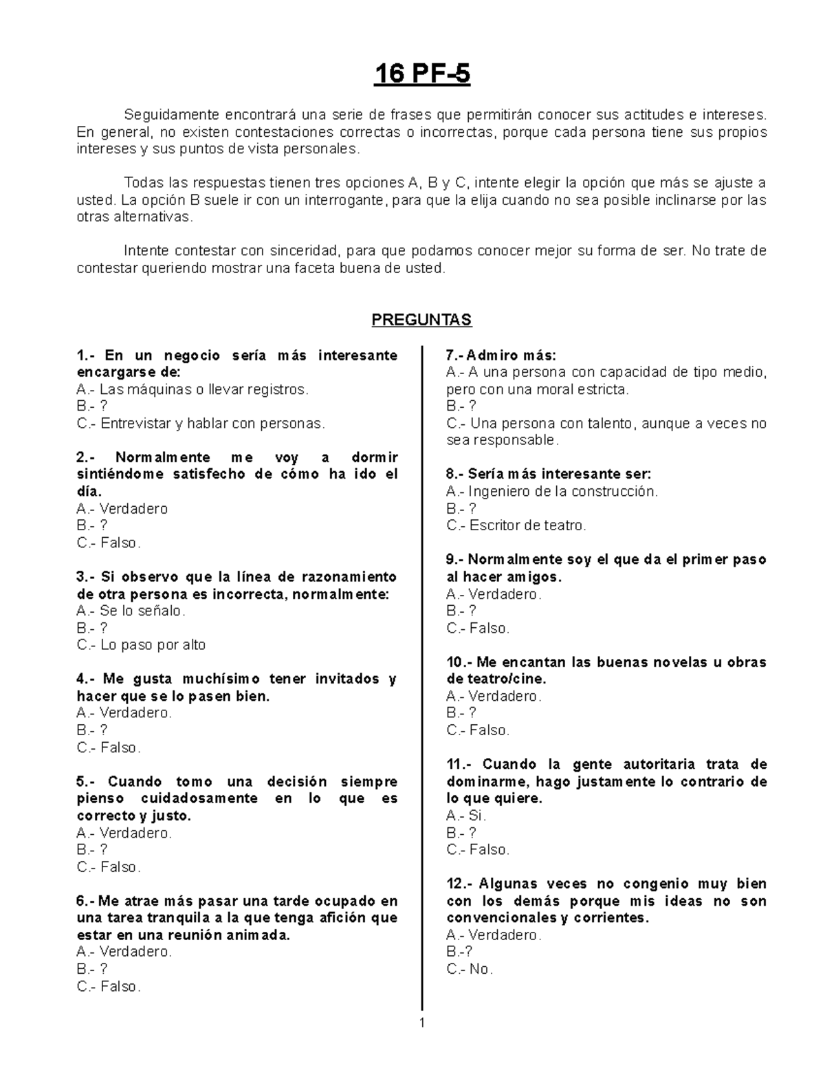 16 PF-5 Prueba Psicotécnica: Evaluación de Personalidad y Pensamiento - Document Preview