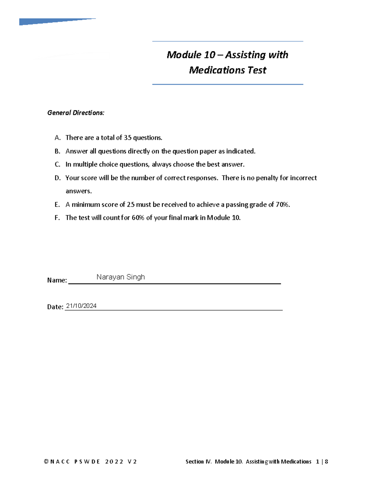 Module 10 Medication Test - Questions & Answers for PSW Students - Studocu