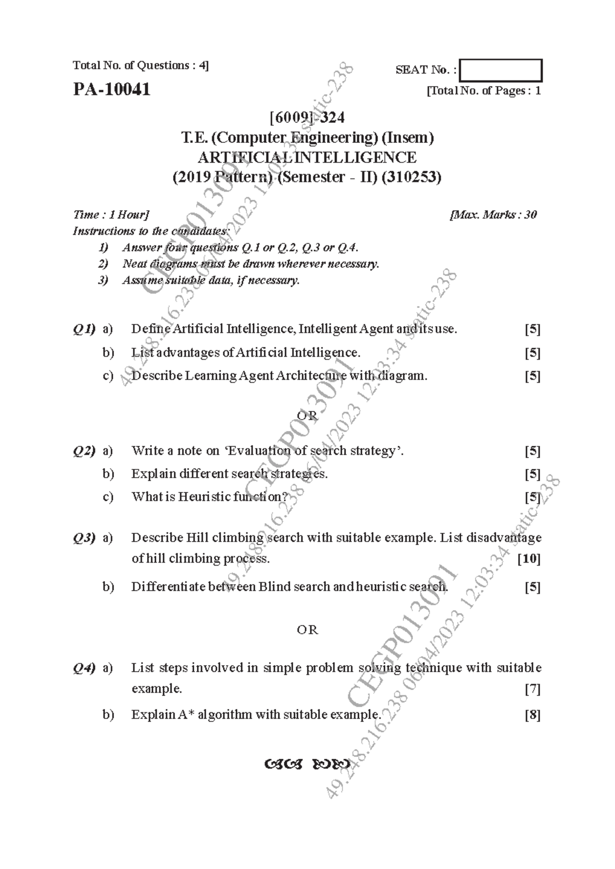 Artificial Intelligence Exam Paper [6009] - Computer Engineering (Insem ...