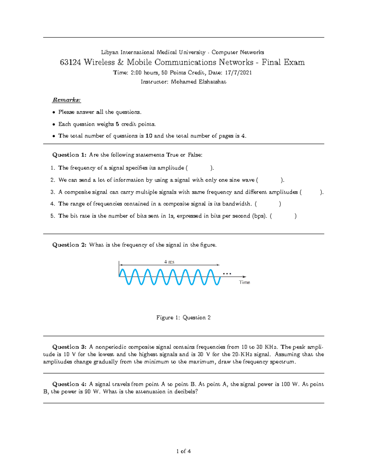 63124 Wireless & Mobile Communications Networks - Final Exam Guide ...