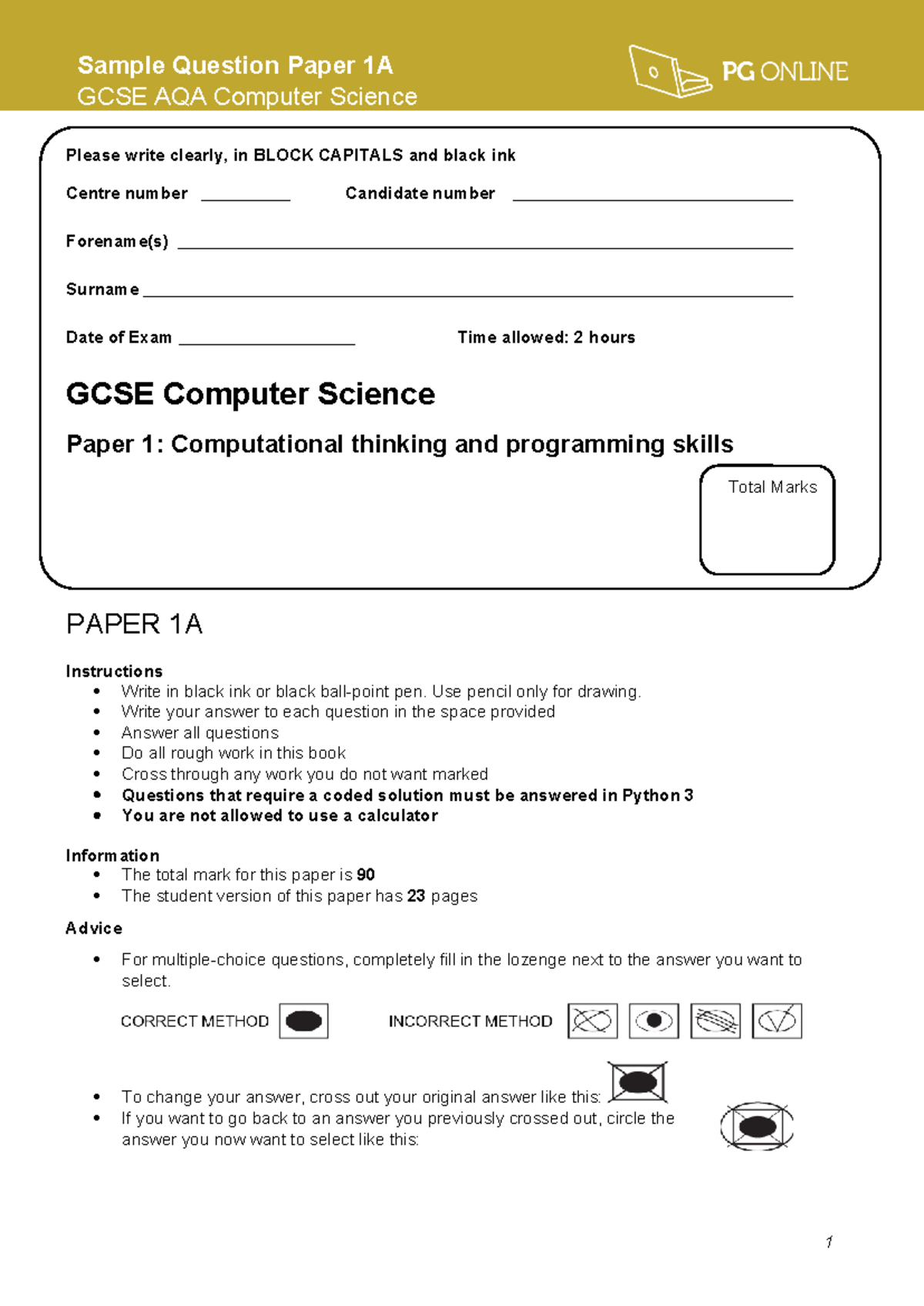 GCSE AQA Computer Science 8525 Paper 1A: Sample Questions & Solutions ...