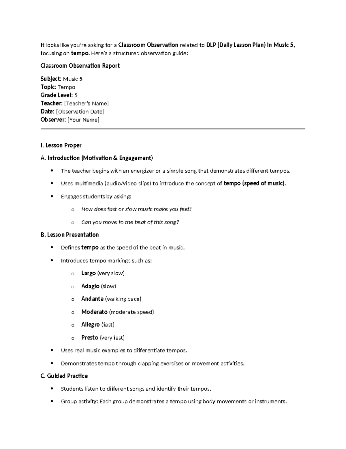 Classroom Observation Report: DLP for Music 5 - Focus on Tempo - Studocu