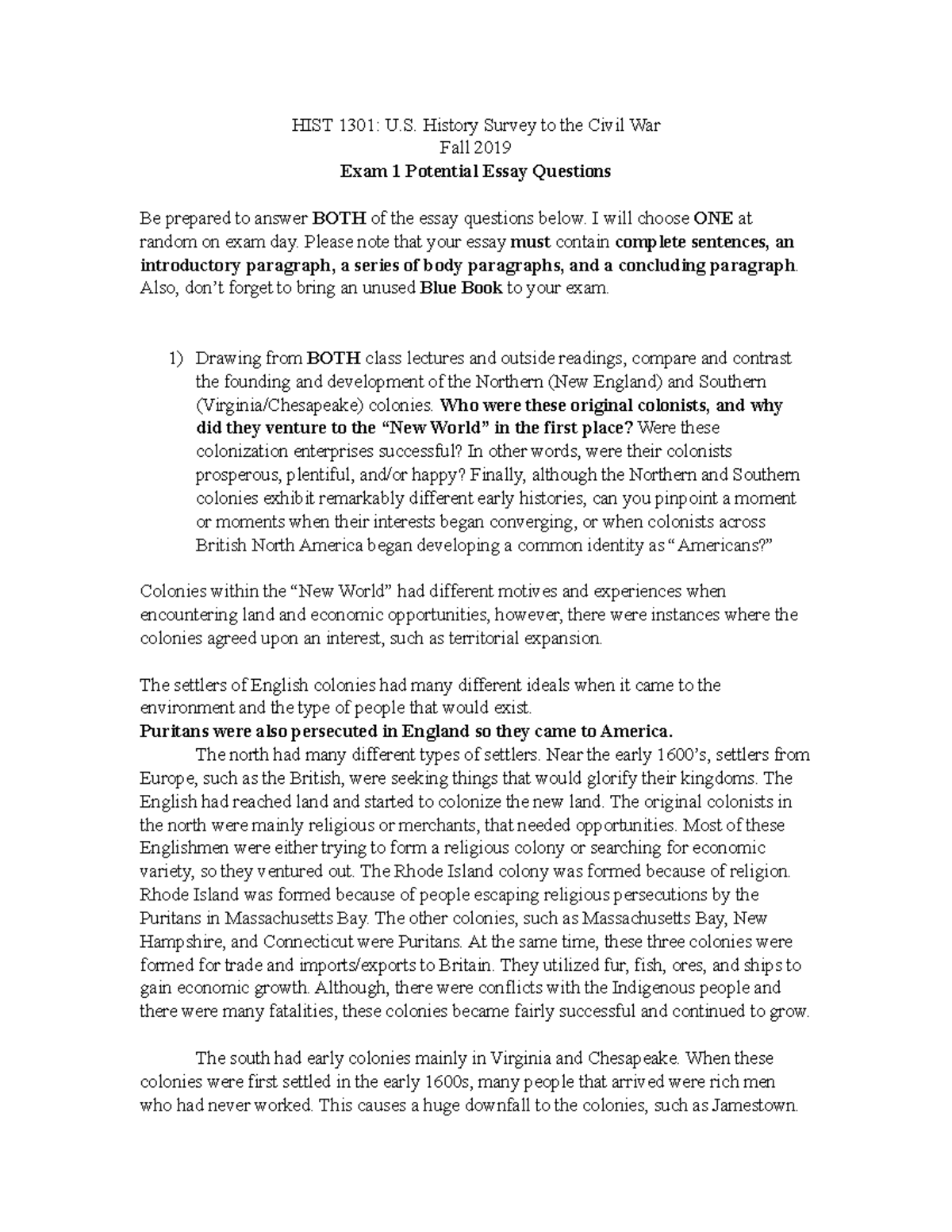HIST 1301 Exam 1 Reviews - HIST 1301: U. History Survey to the Civil ...