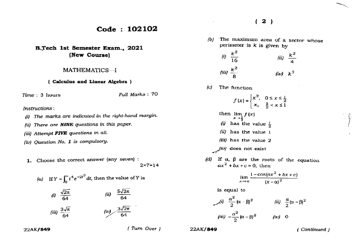 B.Tech 1st Sem Mathematics Exam 2021: Calculus & Linear Algebra (102102 ...
