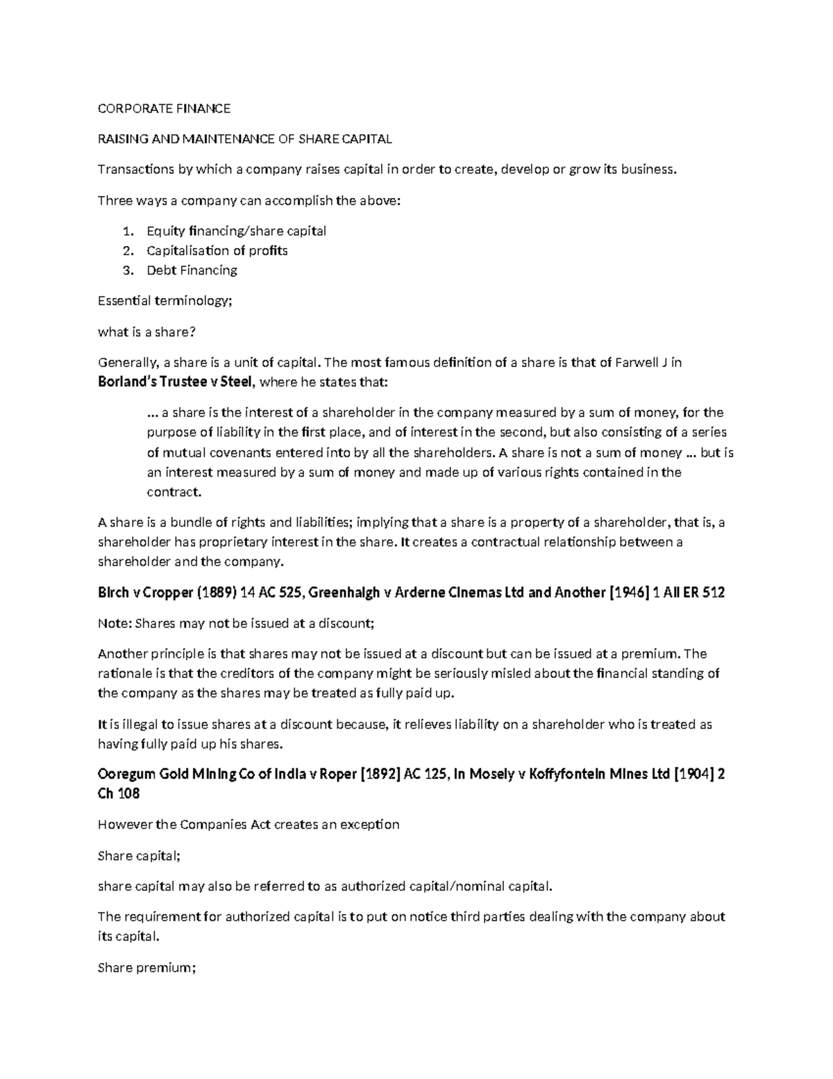 Corporate Finance (CF101): Raising & Maintaining Share Capital - Studocu