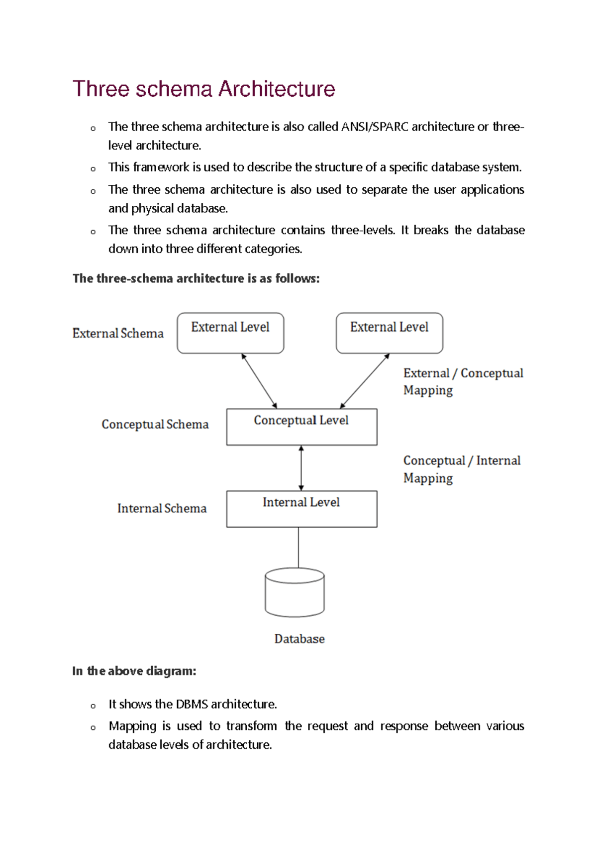 Three Level Architechture OF DBMS - Three schema Architecture o The ...