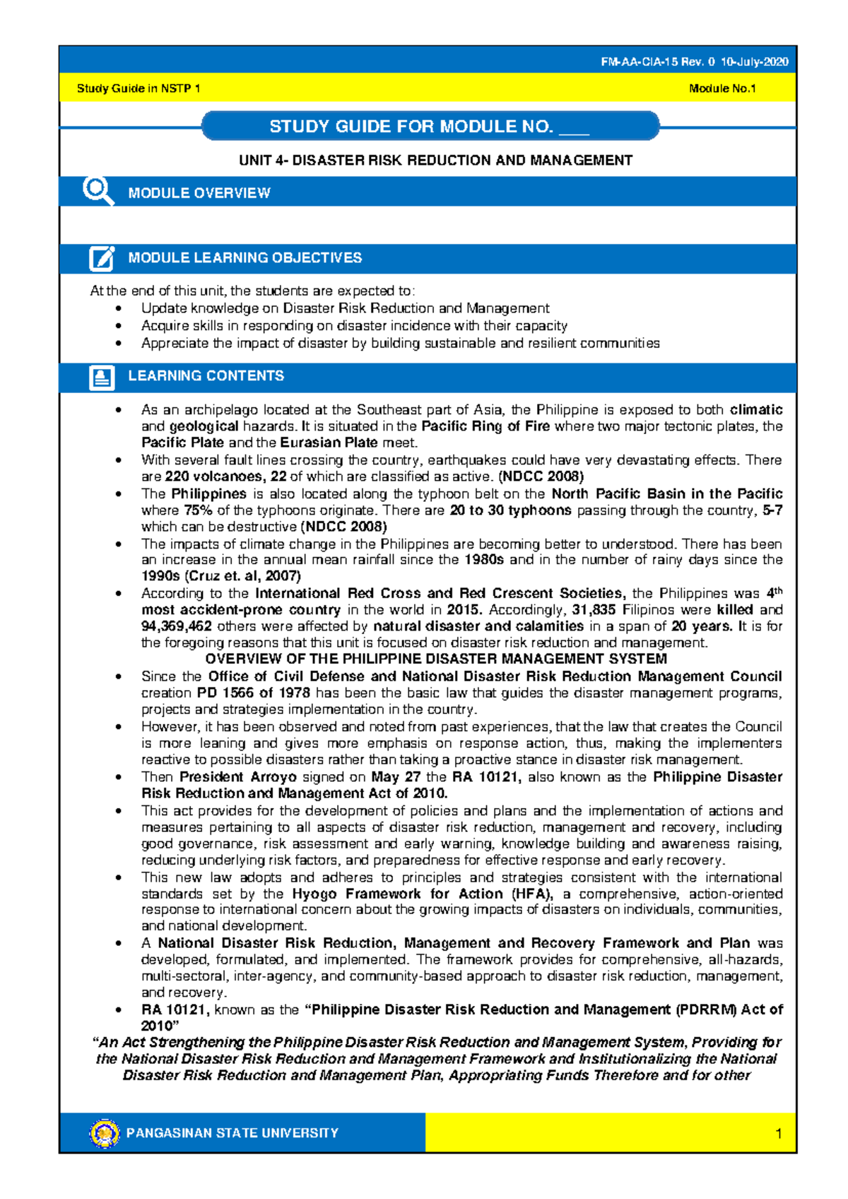 NSTP 1 Study Guide: Disaster Risk Reduction & Management Module 1 - Studocu