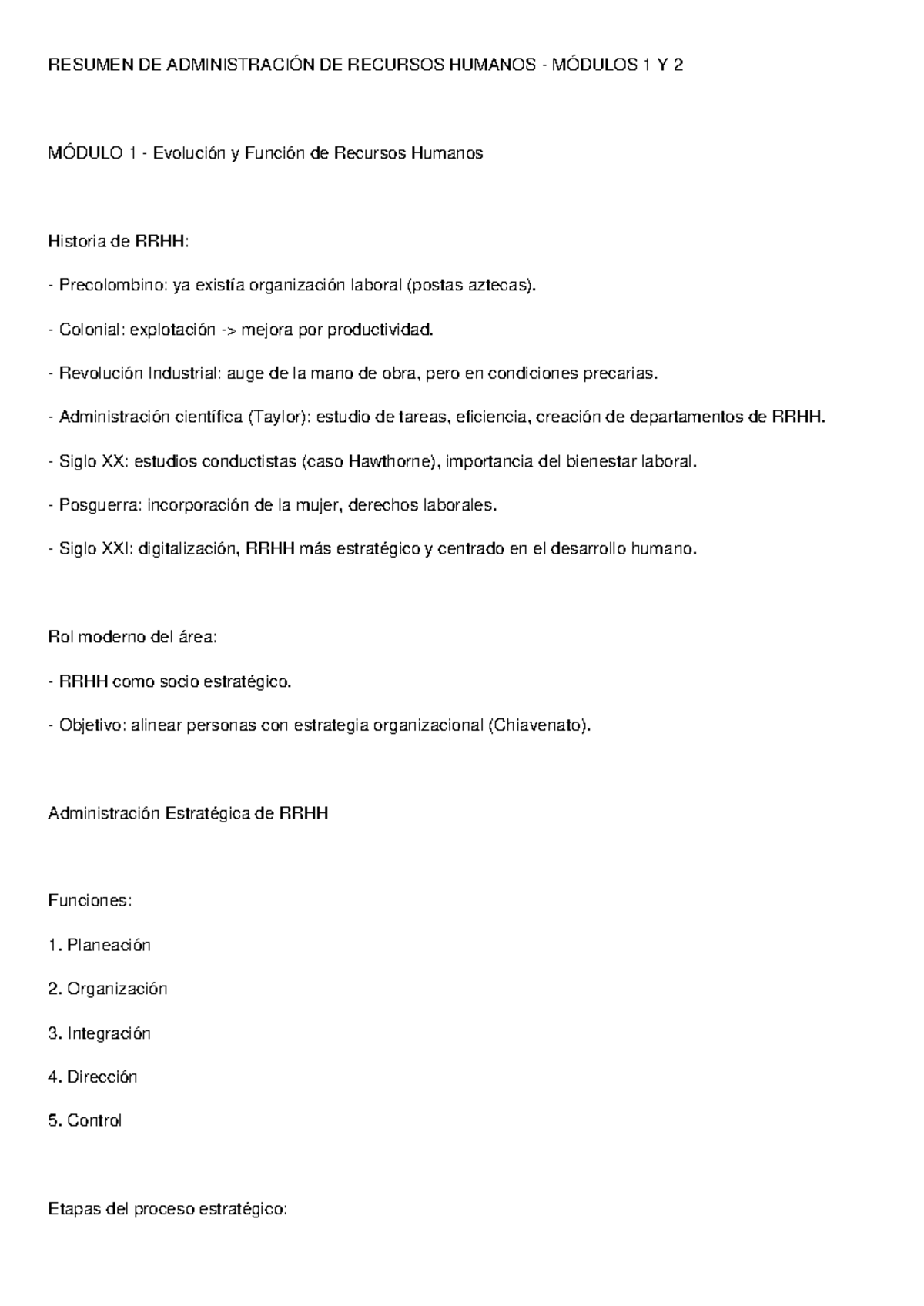 Resumen de RRHH Módulos 1 y 2: Función y Planeación Estratégica - Studocu