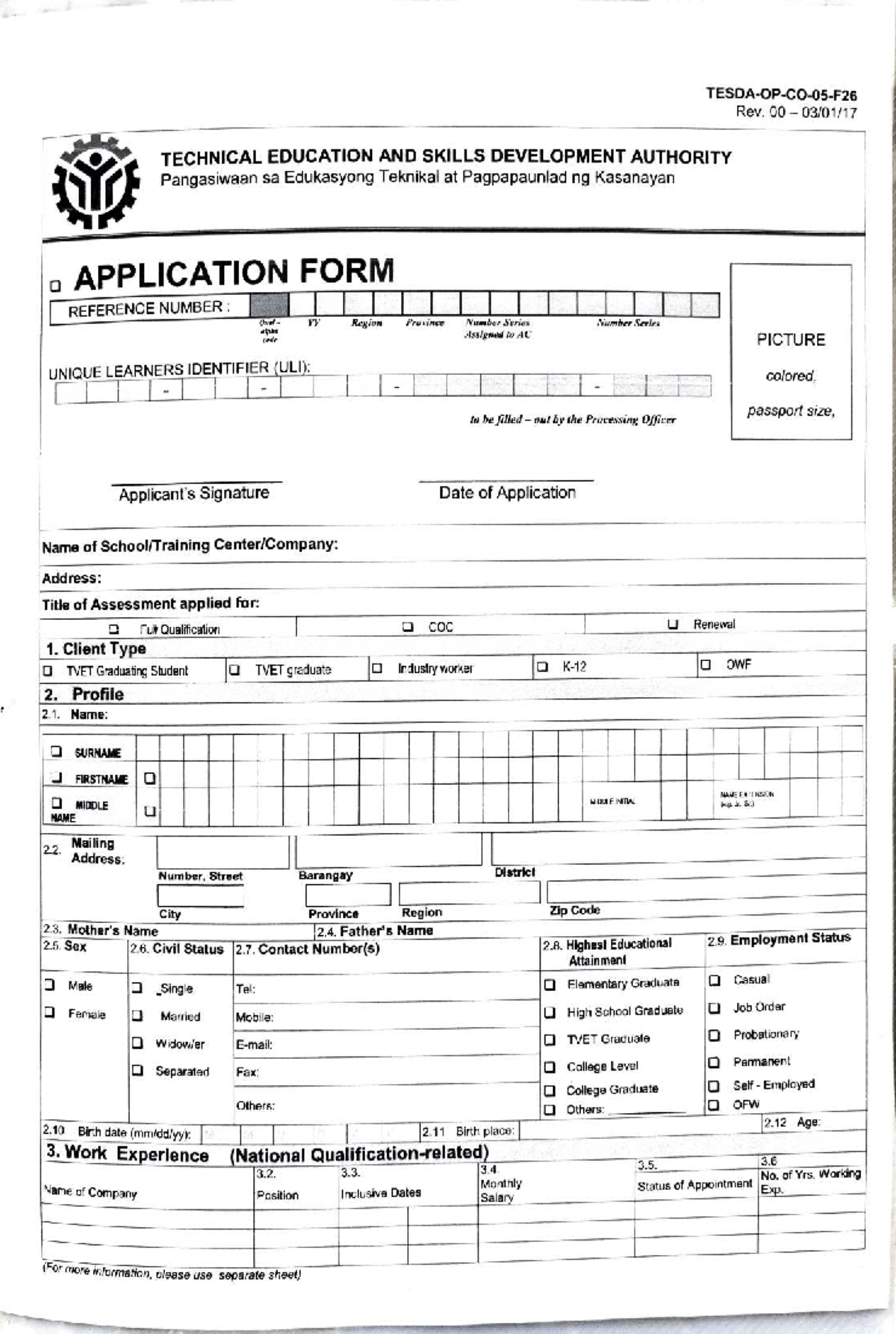 TESDA Registration Application Form: A4 Print Version - Studocu