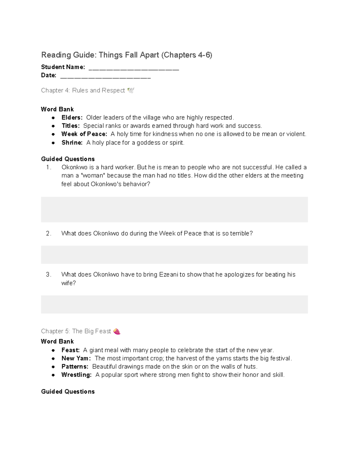 Things Fall Apart (ENG 101) Reading Guide: Chapters 4-6 Questions - Studocu