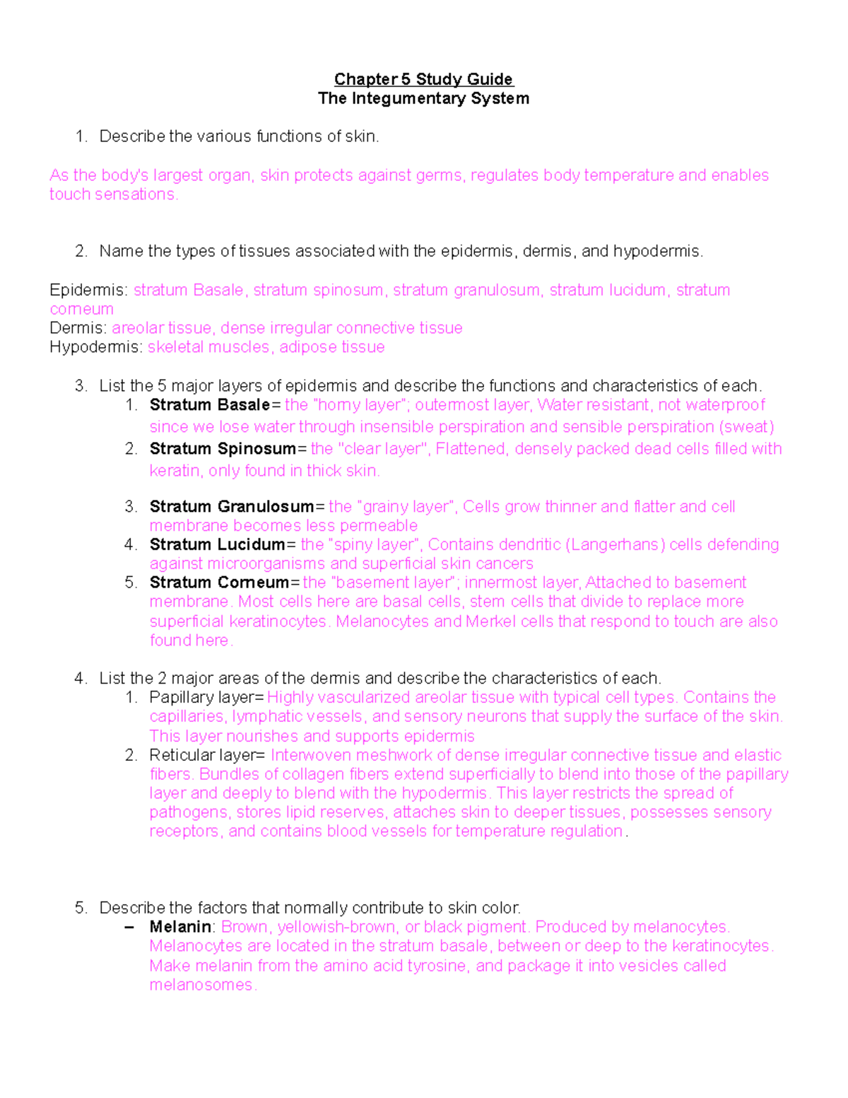 Openstax BIO 101 Chapter 5 Study Guide: The Integumentary System - Studocu